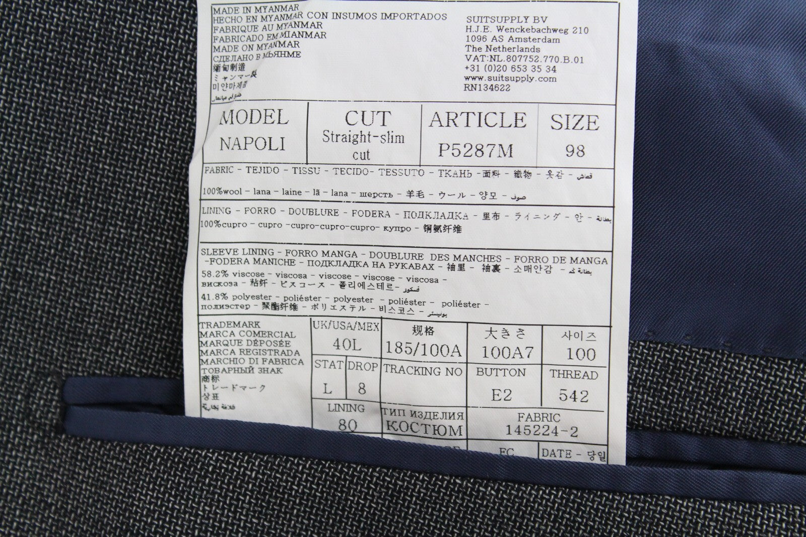 „SUITSUPPLY Napoli UK40L“ vyriškas pilkas vilnonis švarkas „Super 110's“ plonas kirpimas 