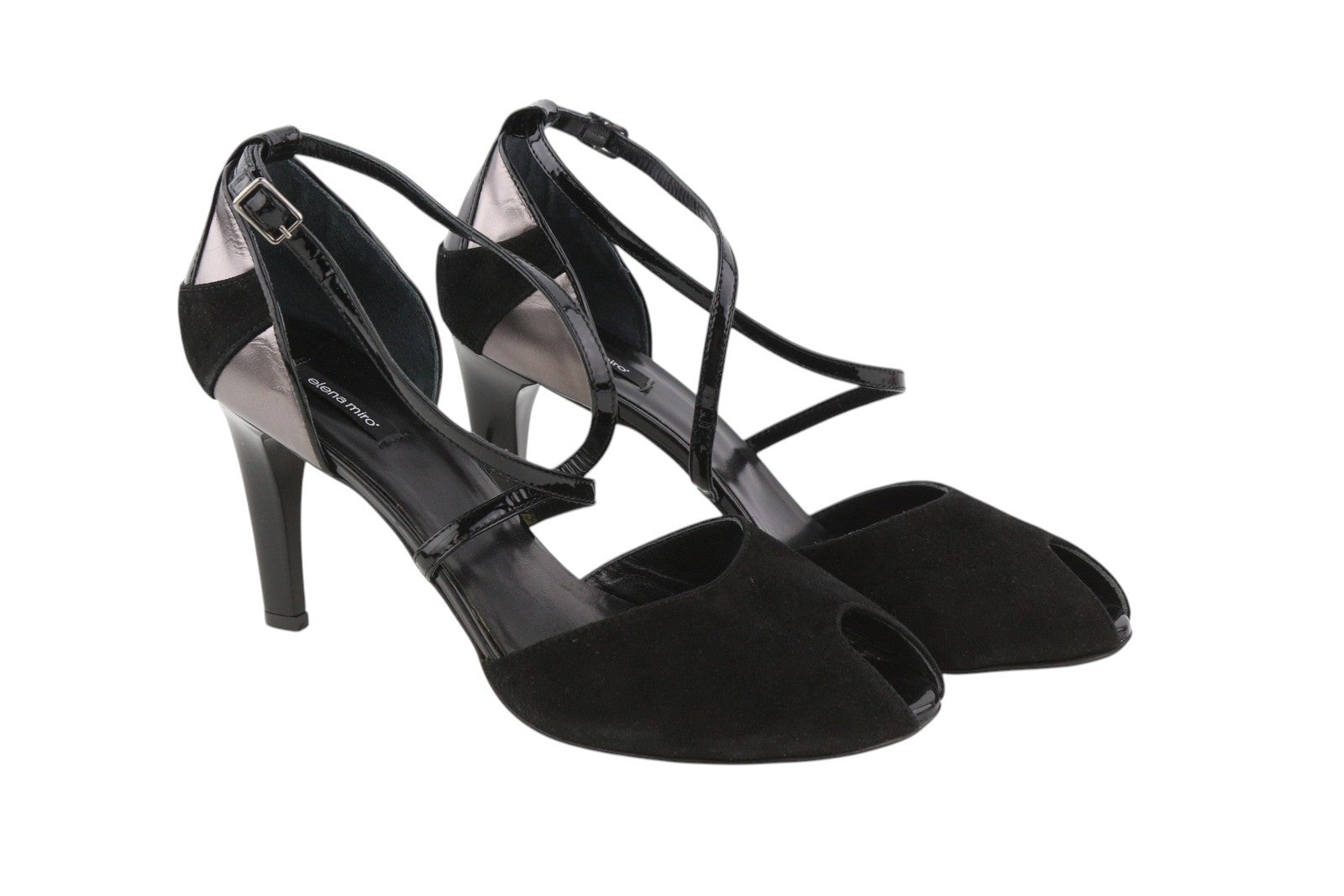 ELENA MIRO moteriški aukštakulniai, juodi, zomšiniai, odiniai, atviri pirštai, su dirželiais, blizgantys kulniukai, EU40. 
