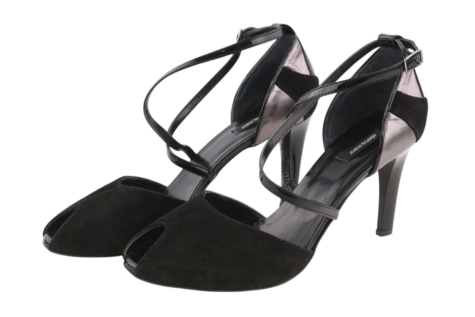 ELENA MIRO moteriški aukštakulniai, juodi, zomšiniai, odiniai, atviri pirštai, su dirželiais, blizgantys kulniukai, EU40. 