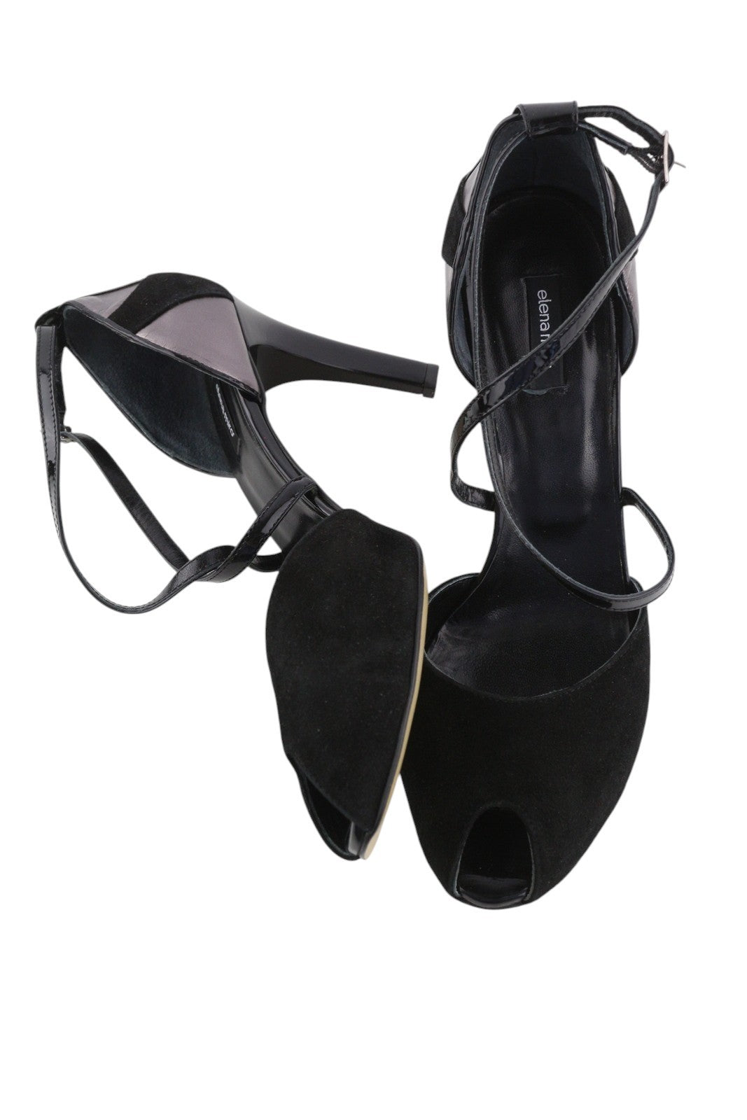 ELENA MIRO moteriški aukštakulniai, juodi, zomšiniai, odiniai, atviri pirštai, su dirželiais, blizgantys kulniukai, EU40. 