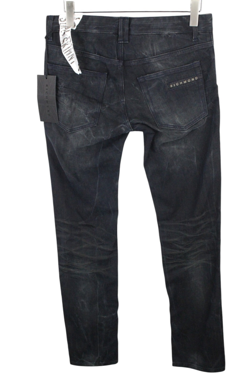 RICHMOND vyriški džinsai, 32 dydis, juodi, skalbti, itin aptempti, tamprūs, žemo liemens, medvilniniai 