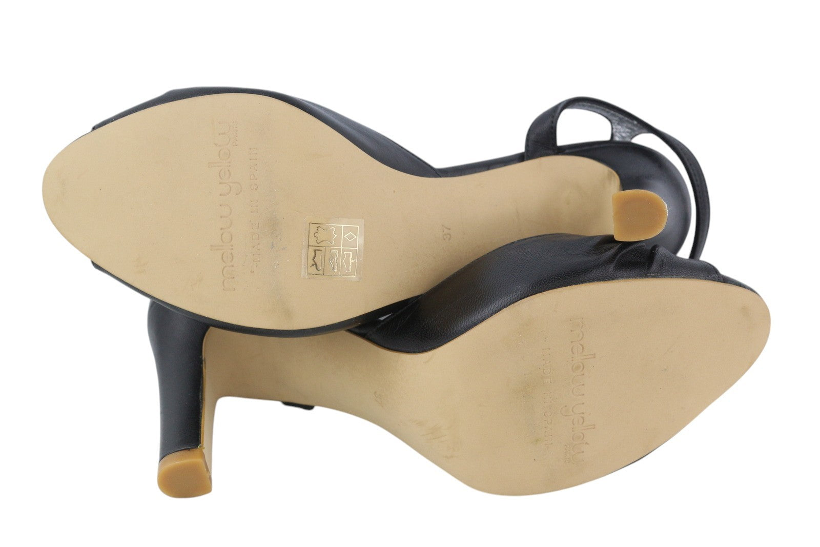 MELLOW YELLOW moteriški aukštakulniai, 37 dydžio, juodos odos, su dirželiais, kulnu ir atvira nosele. 