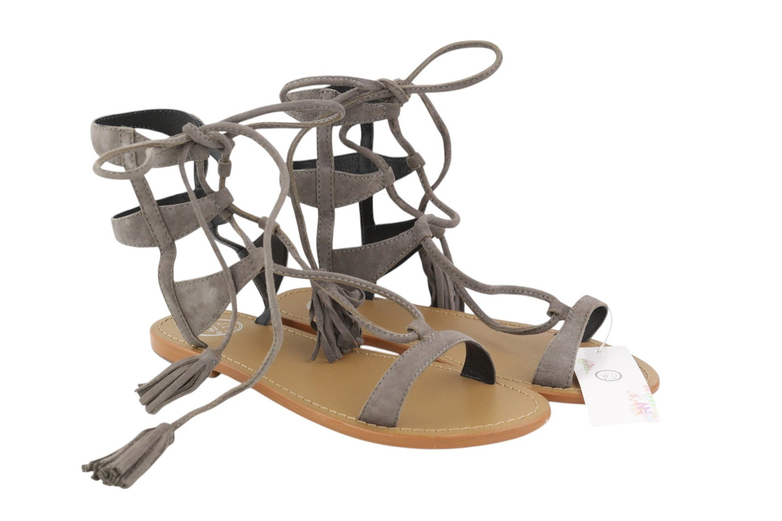 WHITE SUN moteriškos basutės, 38 dydžio, pilkos, zomšinės, odos, gladiatorinės, be kulnų, su kutais. 