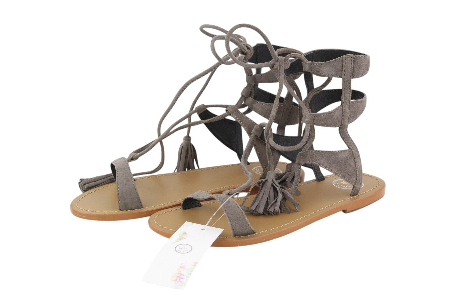 WHITE SUN moteriškos basutės, 38 dydžio, pilkos, zomšinės, odos, gladiatorinės, be kulnų, su kutais. 