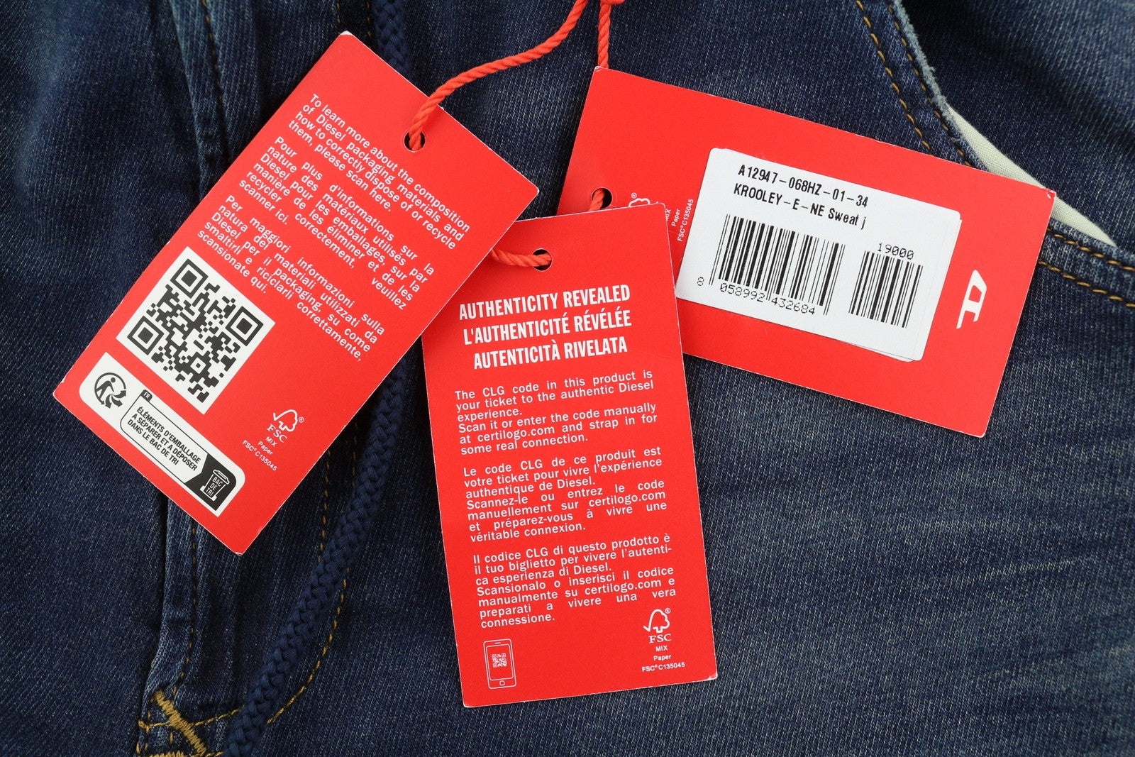 DIESEL Krooley-E-Ne 068HZ vyriški džinsai W34 Jogg su raišteliu juosmeniu, skalbtos mėlynos spalvos, RRP295 