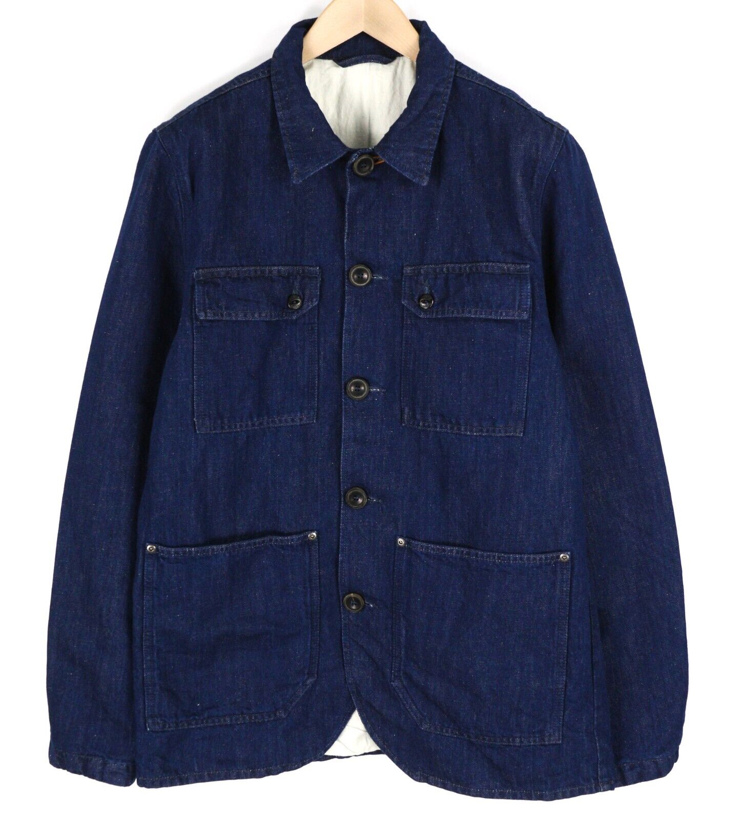 NUDIE Ricco tamsiai kanapių vyriška striukė, XL dydžio, mėlyna, džinsinė, su sagomis užsegama apykakle, pamušalu kišenėse. 