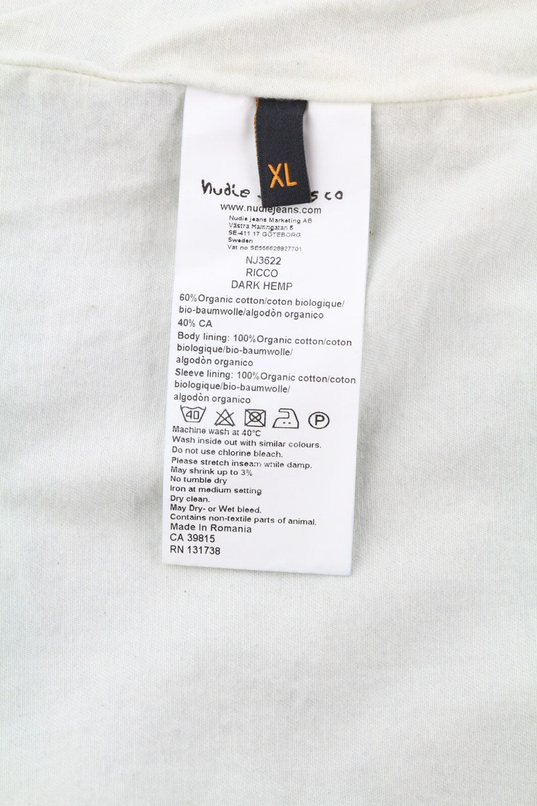 NUDIE Ricco tamsiai kanapių vyriška striukė, XL dydžio, mėlyna, džinsinė, su sagomis užsegama apykakle, pamušalu kišenėse. 