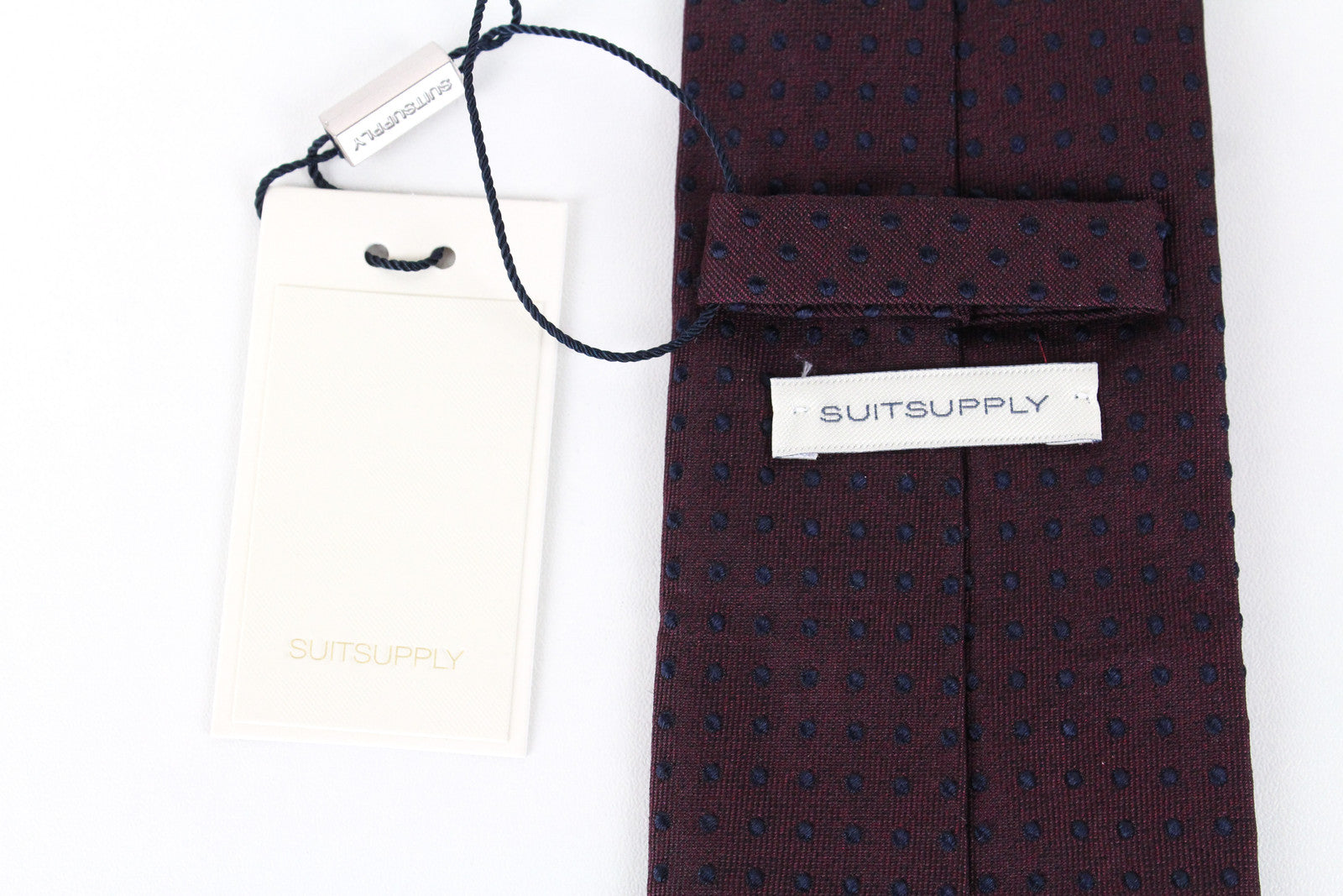 „SUITSUPPLY“ vyriškas violetinis šilkinis kaklaraištis, 150 x 8 cm, taškuotas oficialus aksesuaras smailiais galais 