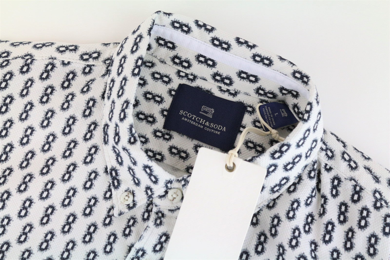 SCOTCH &amp; SODA vyriški marškinėliai su raštais, balkšvai baltos spalvos, ilgomis rankovėmis, medvilniniai Ams Couture marškinėliai. 