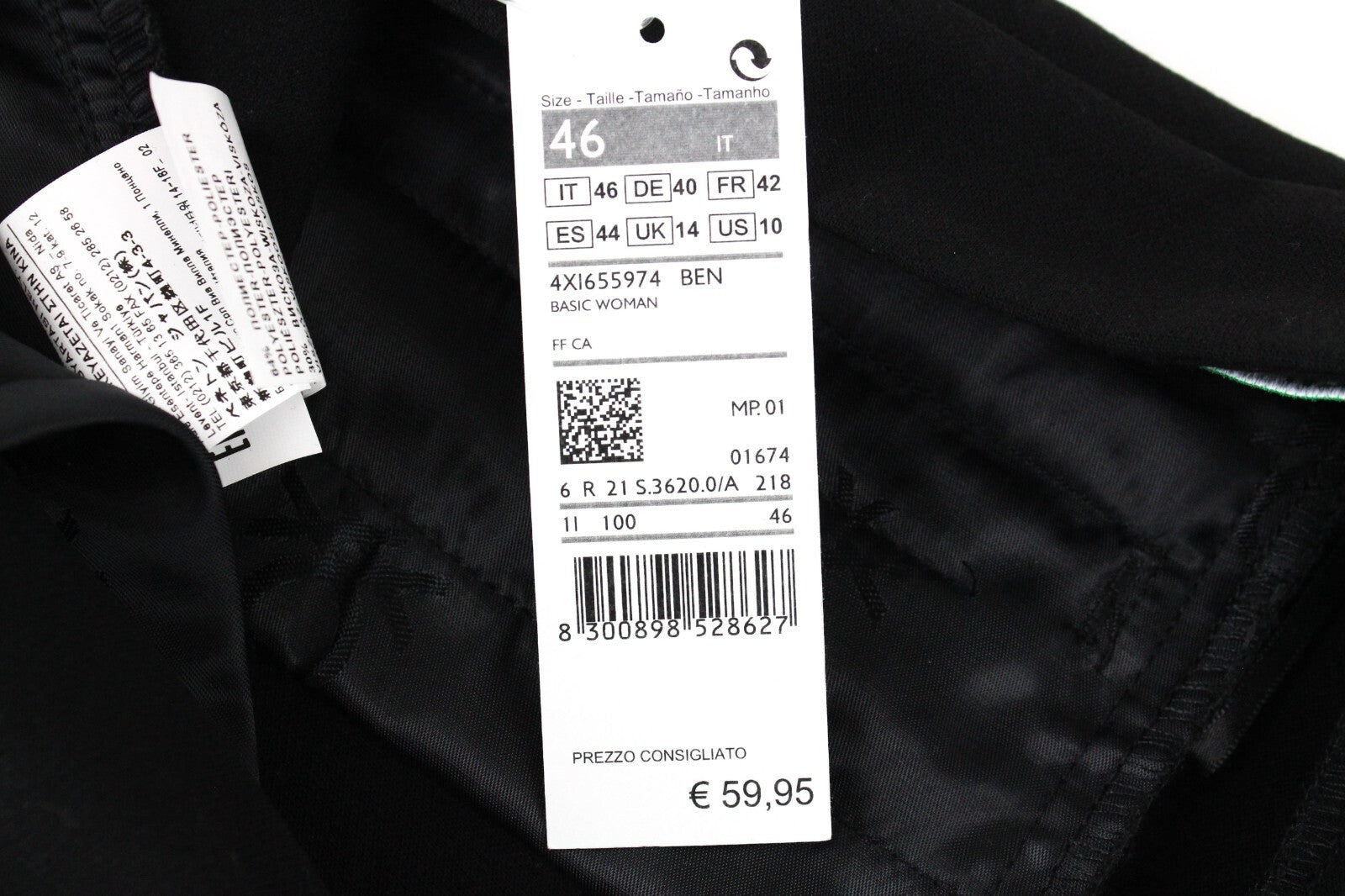 BENETTON Womens Trousers UK14 Pleated Zip-Up Chino Black Plain