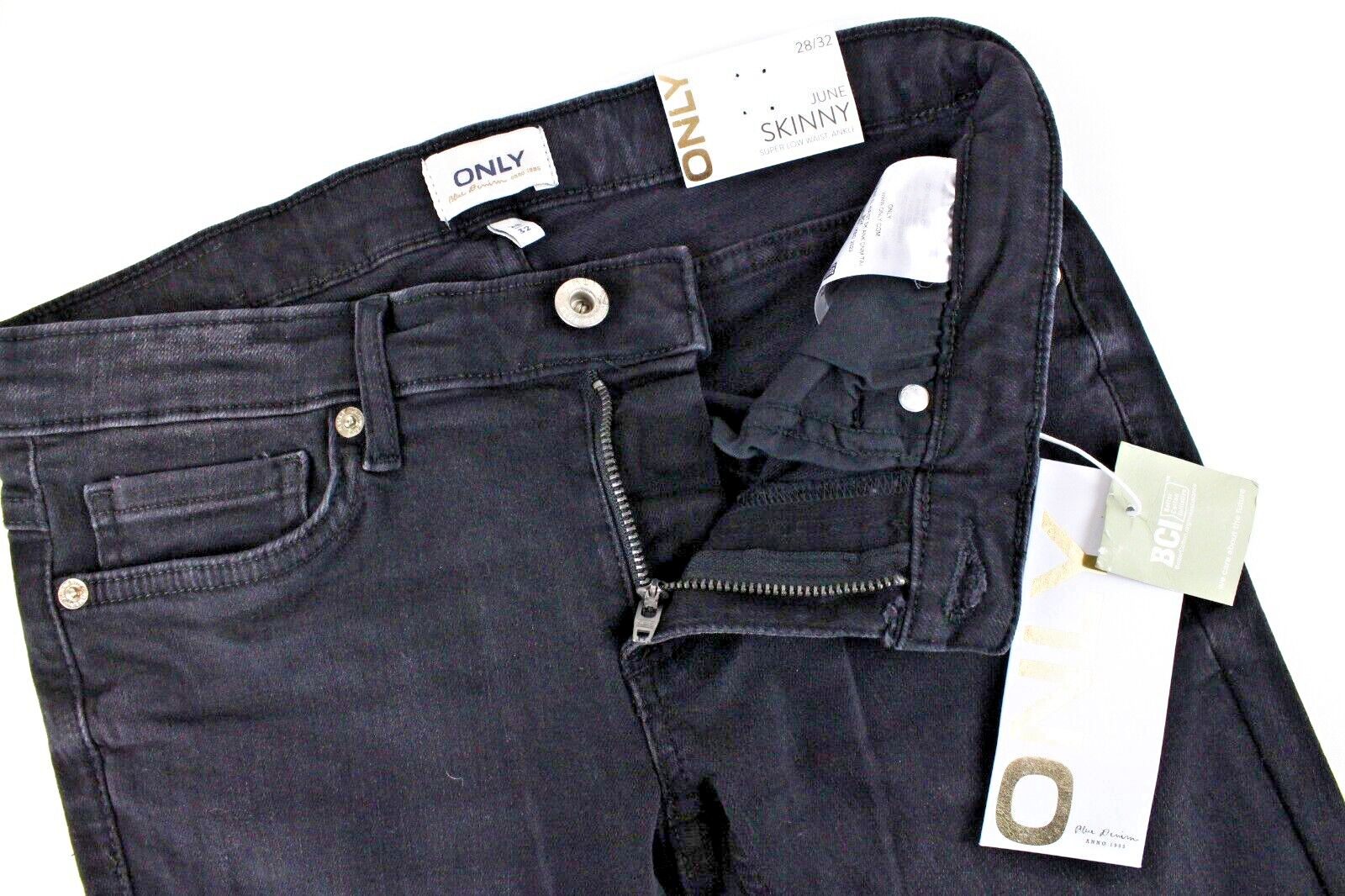 ONLY moteriški džinsai W28/L32 aptempti juodi, itin žemo juosmens, išblukinto džinso 