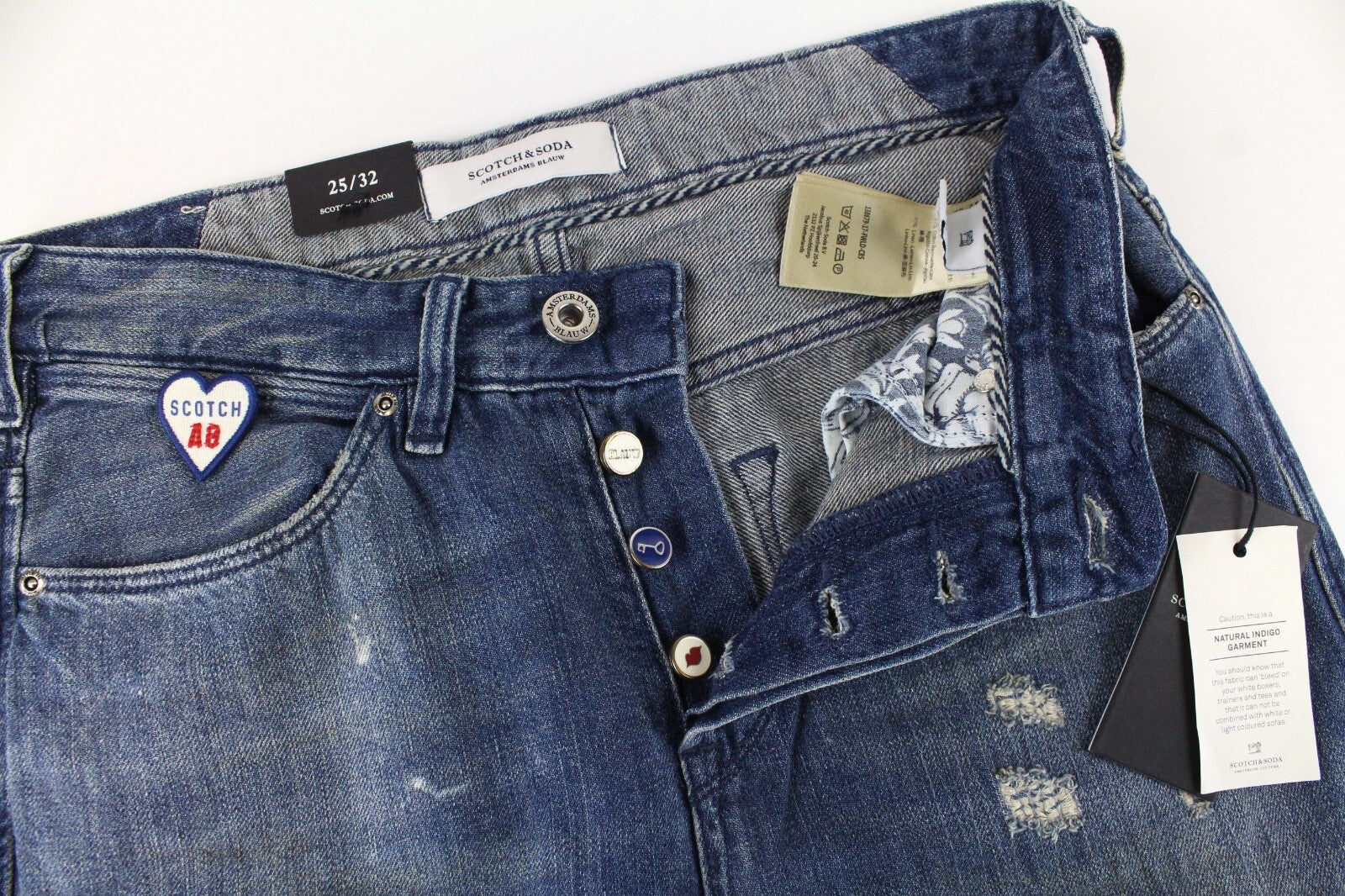 SCOTCH &amp; SODA moteriški džinsai W25/L32 Boyfriend lininiai, su dirbtiniais dėmėmis 