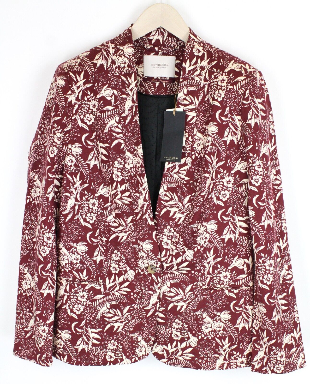 MAISON SCOTCH moteriškas švarkas XL dydžio, gėlėtas, su pamušalu, V formos iškirpte, vienaeilis 