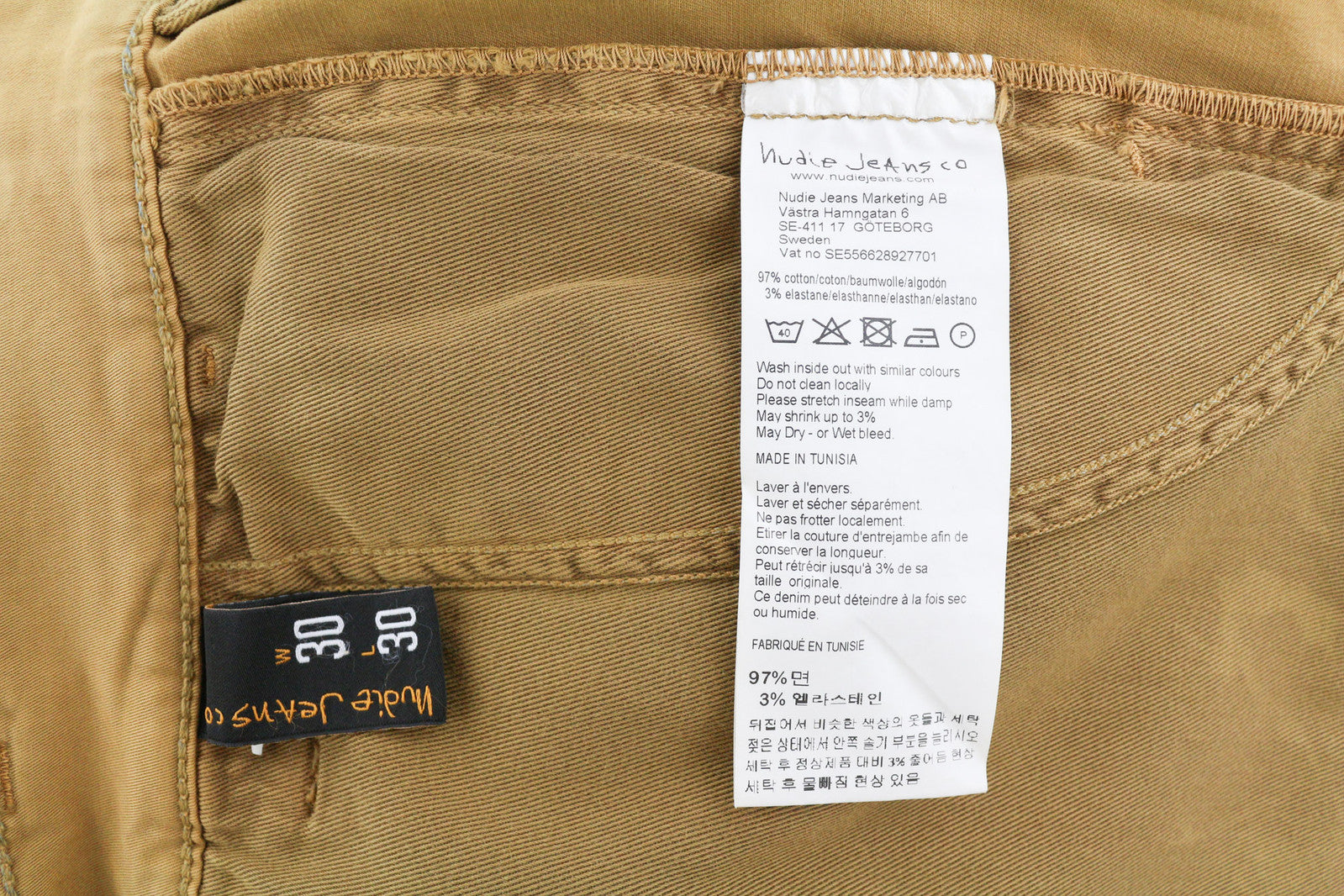 NUDIE JEANS Easy Alvin vyriškos kelnės W30/L30 Camel spalvos chino, plonas kirpimas, su užtrauktukais ir kišenėmis 