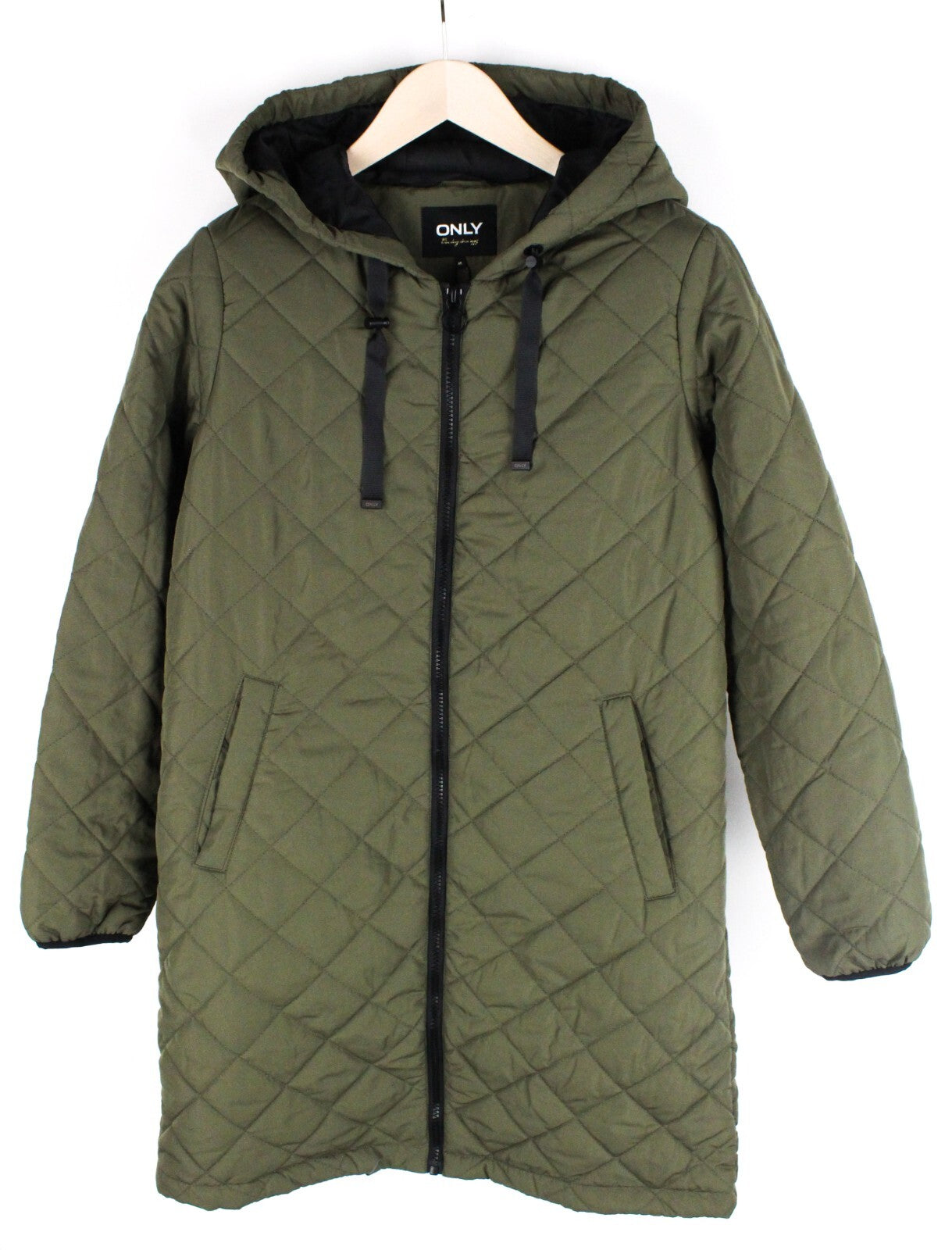 ONLY moteriška striukė M, plona, ​​gobtuvu, chaki spalvos, dygsniuota, šilta, ilga 