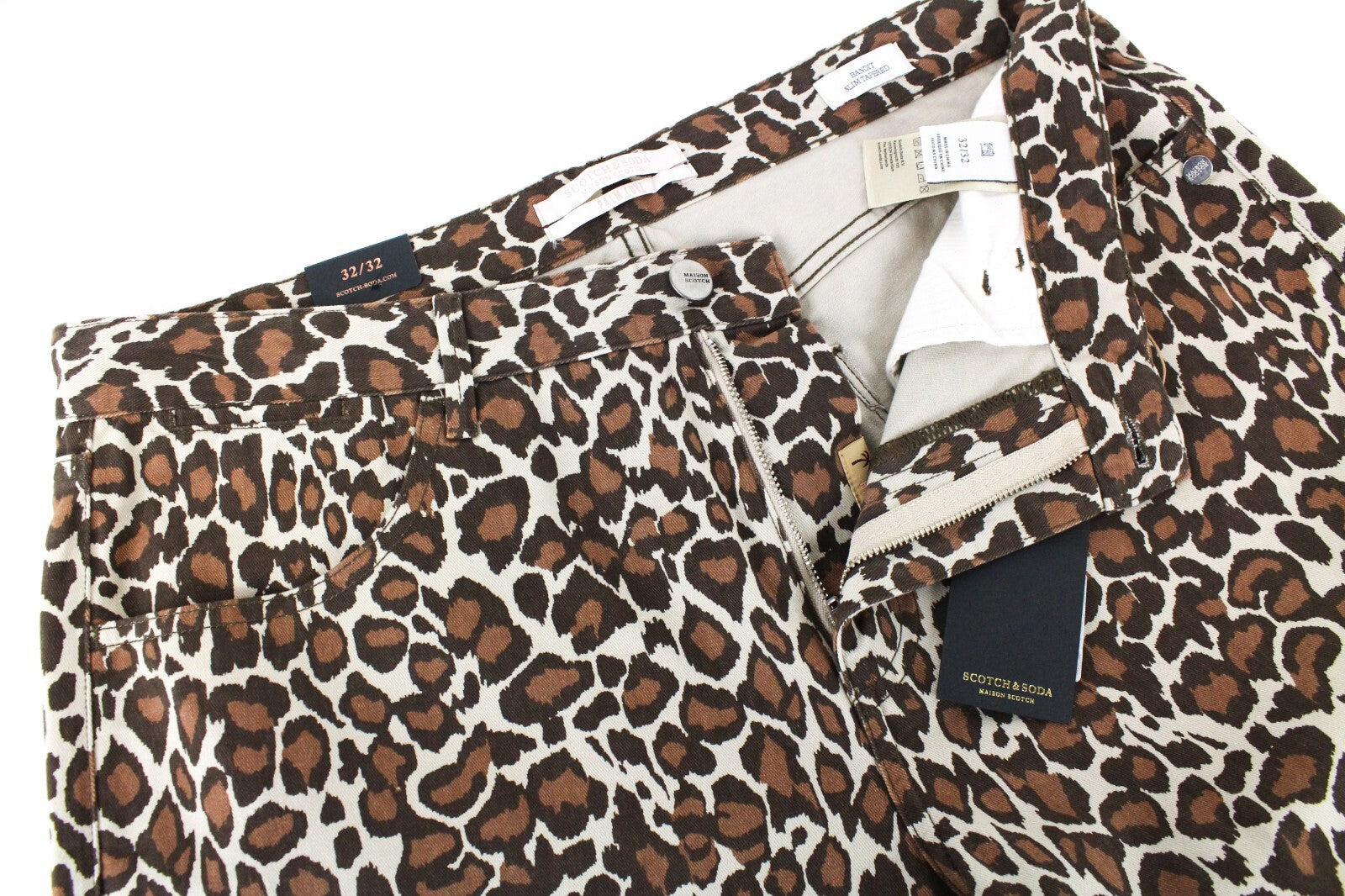 MAISON SCOTCH moteriški džinsai W32/L32 gepardo rašto ploni banditiški siaurėjantys medvilniniai džinsai 