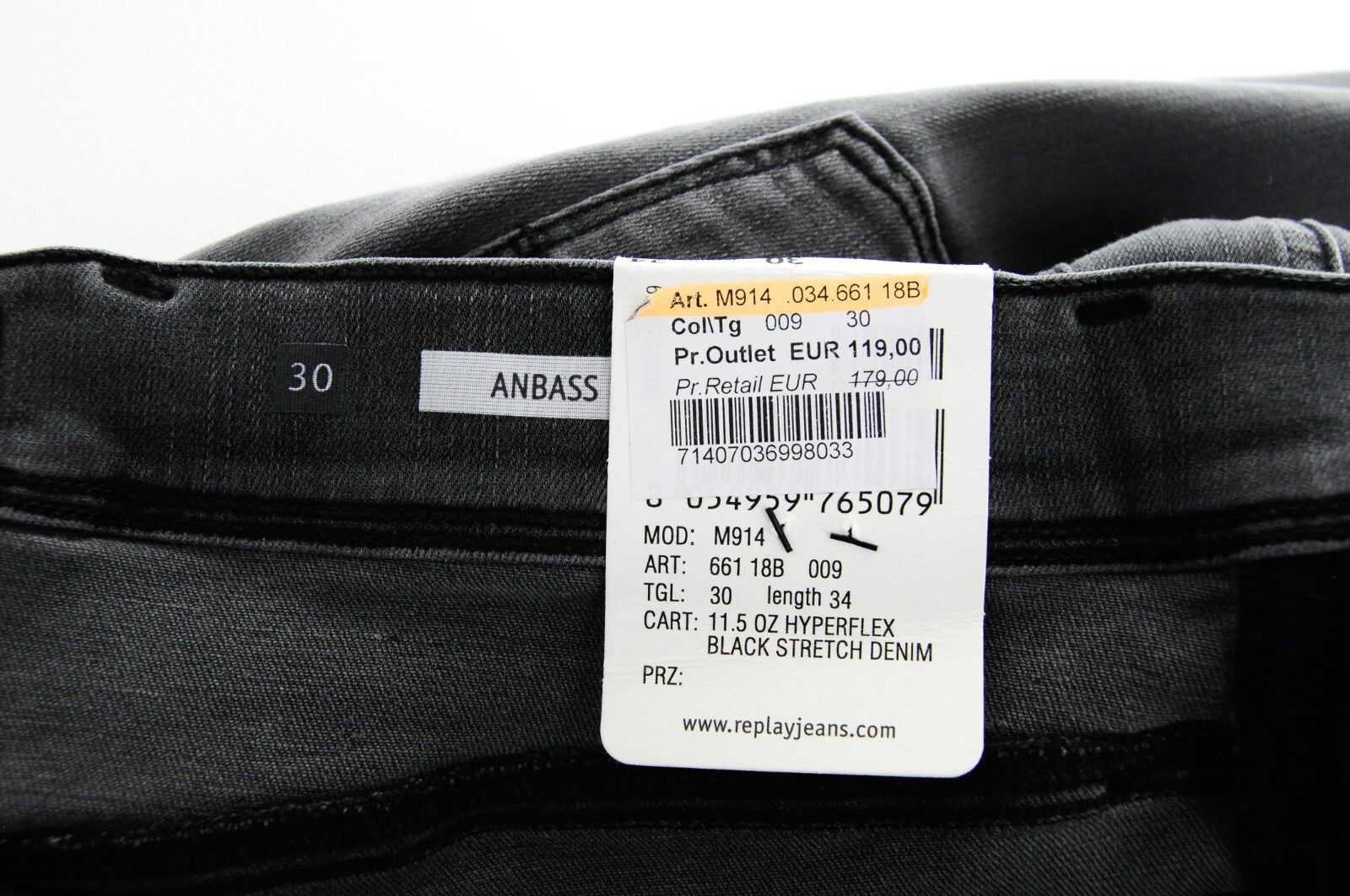 REPLAY Anbass Men's Grey Slim Jeans W30/L34 Cotton Blend Ripped Washed Denim