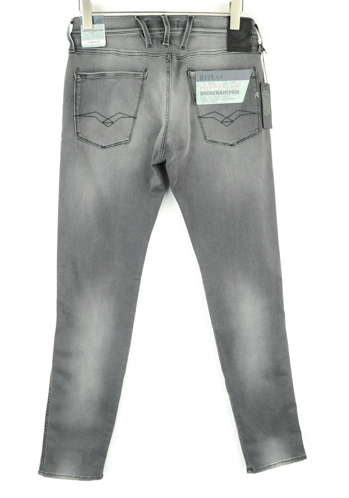 REPLAY Anbass Men's Grey Slim Jeans W30/L34 Cotton Blend Ripped Washed Denim