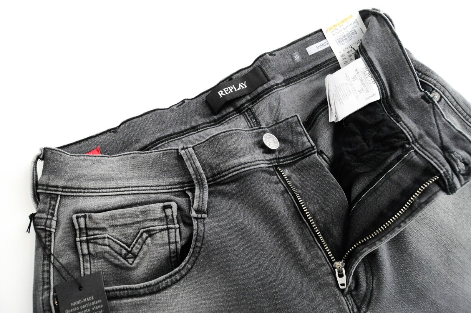 REPLAY Anbass Men's Grey Slim Jeans W30/L34 Cotton Blend Ripped Washed Denim