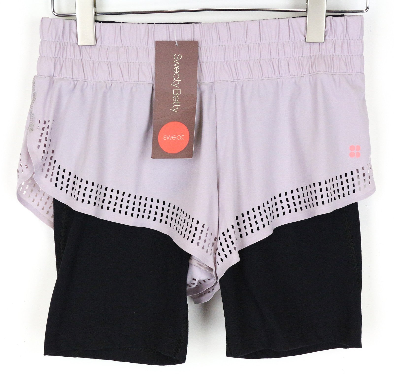 SWEATY BETTY Aerial 2in1 S violetiniai sluoksniuoti sportiniai šortai moterims, tamprūs treniruotėms 