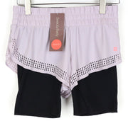 SWEATY BETTY Aerial 2in1 S violetiniai sluoksniuoti sportiniai šortai moterims, tamprūs treniruotėms 