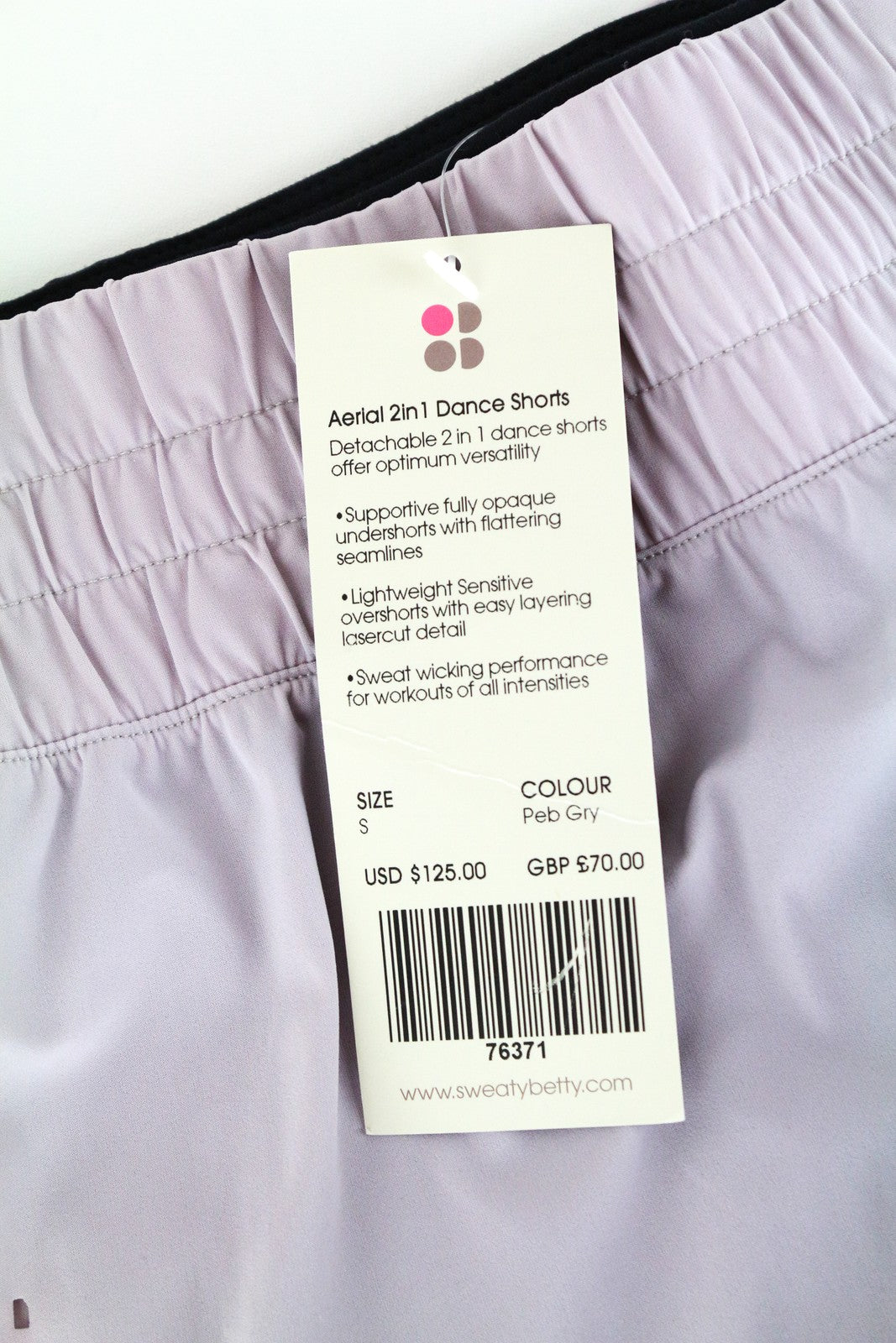 SWEATY BETTY Aerial 2in1 S violetiniai sluoksniuoti sportiniai šortai moterims, tamprūs treniruotėms 