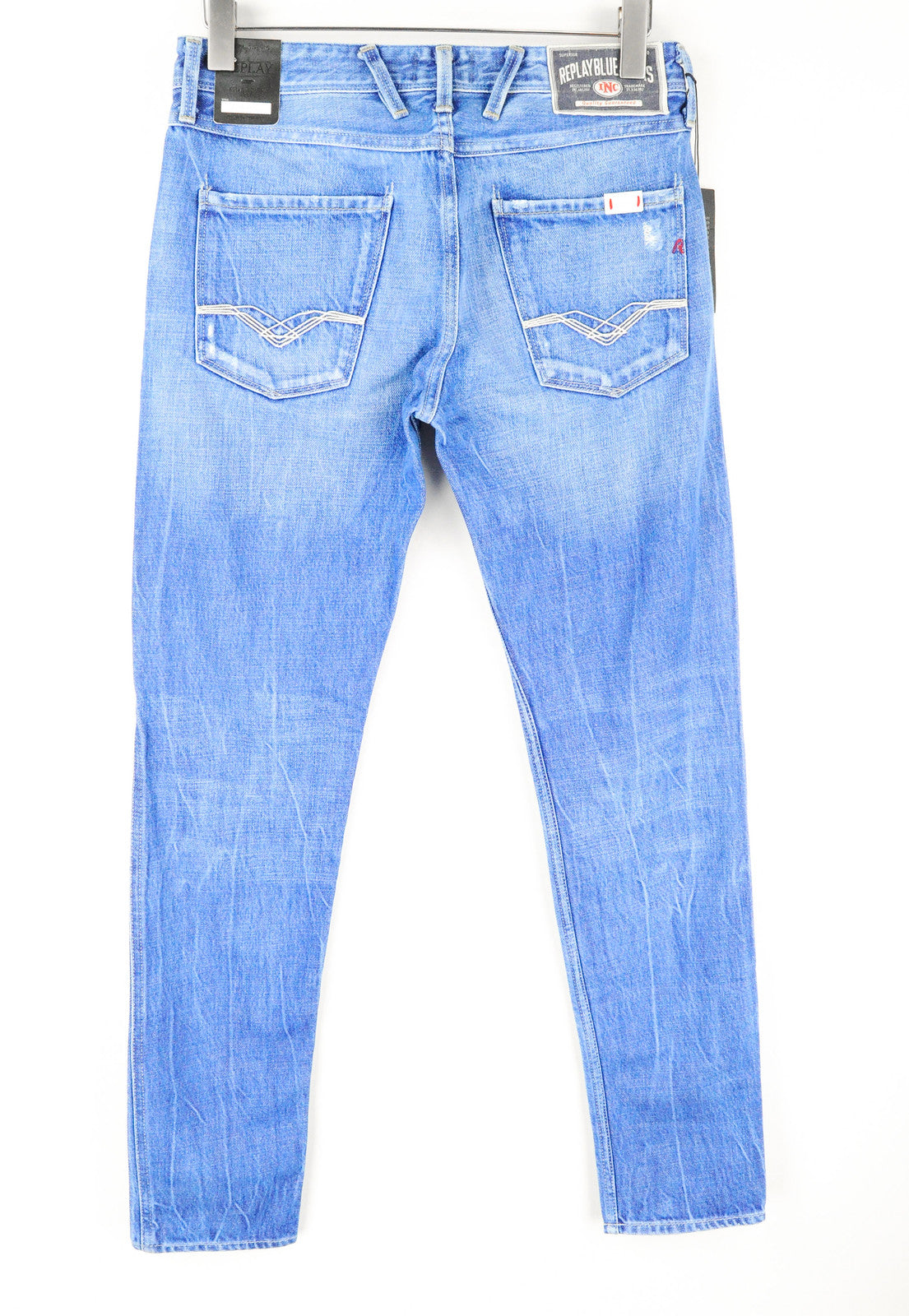 REPLAY Anbass vyriški mėlyni ploni džinsai W30/L32 subraižytos medvilnės skalbto džinso raštu 