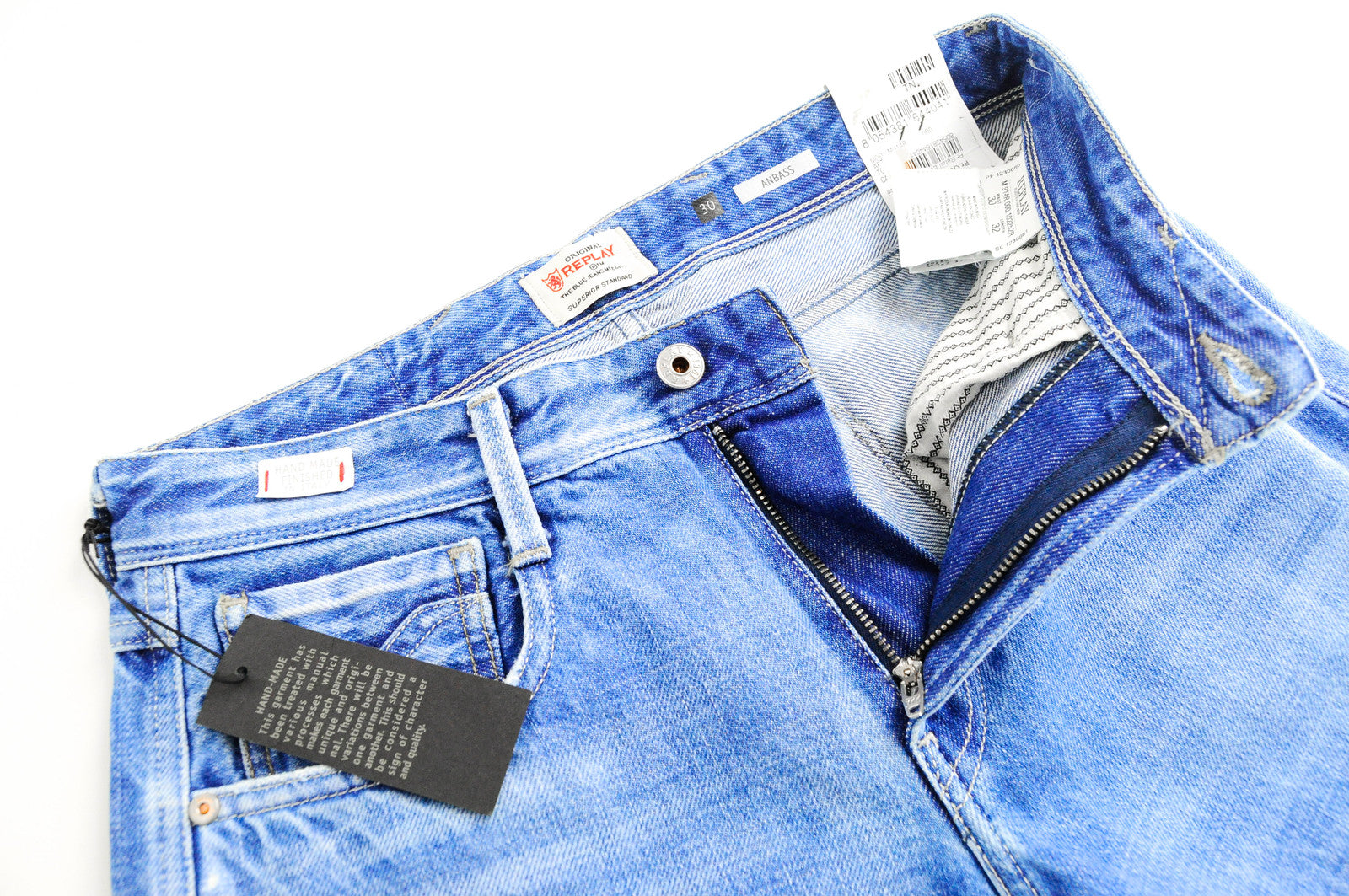 REPLAY Anbass vyriški mėlyni ploni džinsai W30/L32 subraižytos medvilnės skalbto džinso raštu 