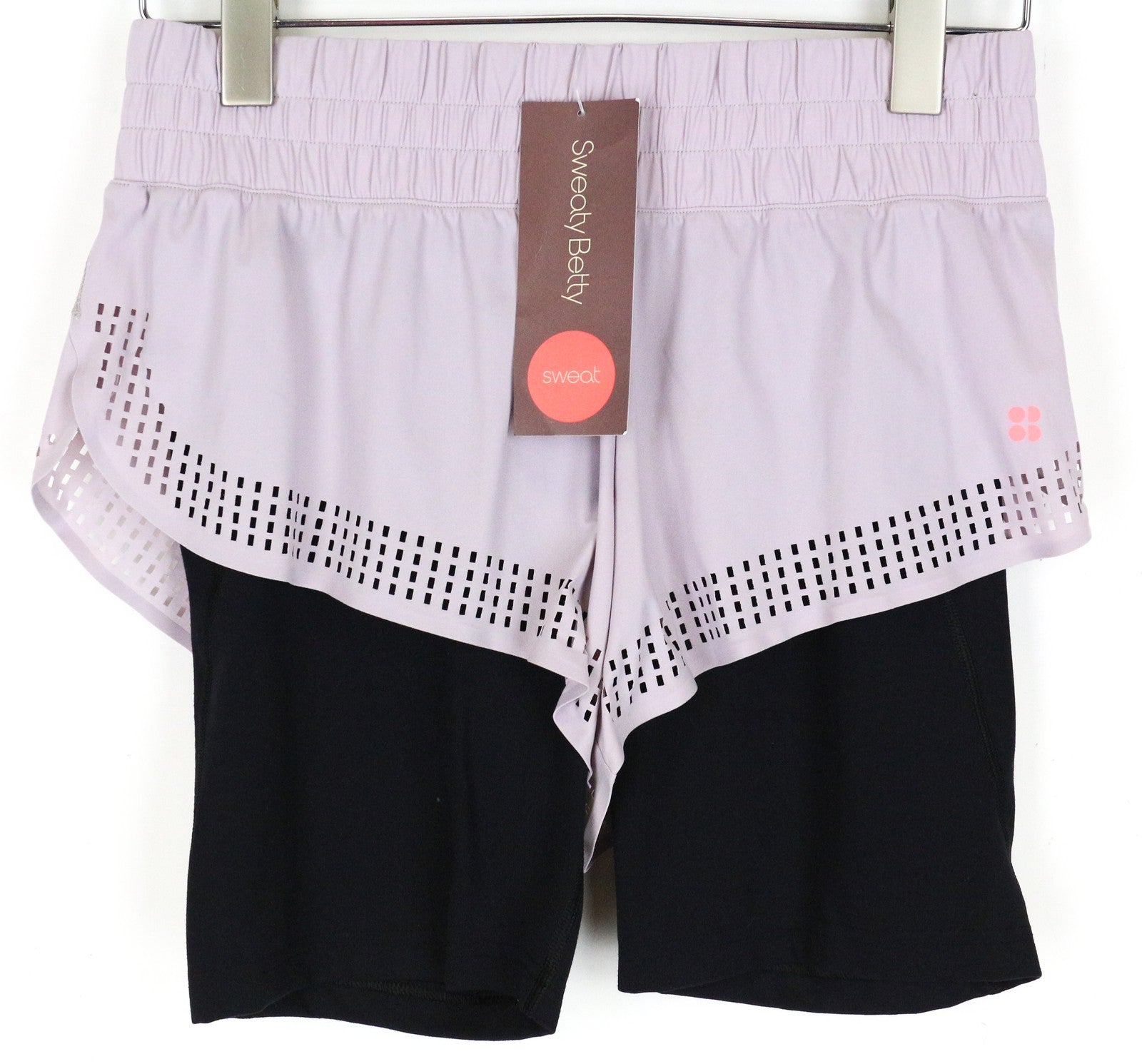 SWEATY BETTY 2in1 šortai S violetiniai juodi moteriški sluoksniuoti sportiniai tamprūs sportiniai drabužiai 