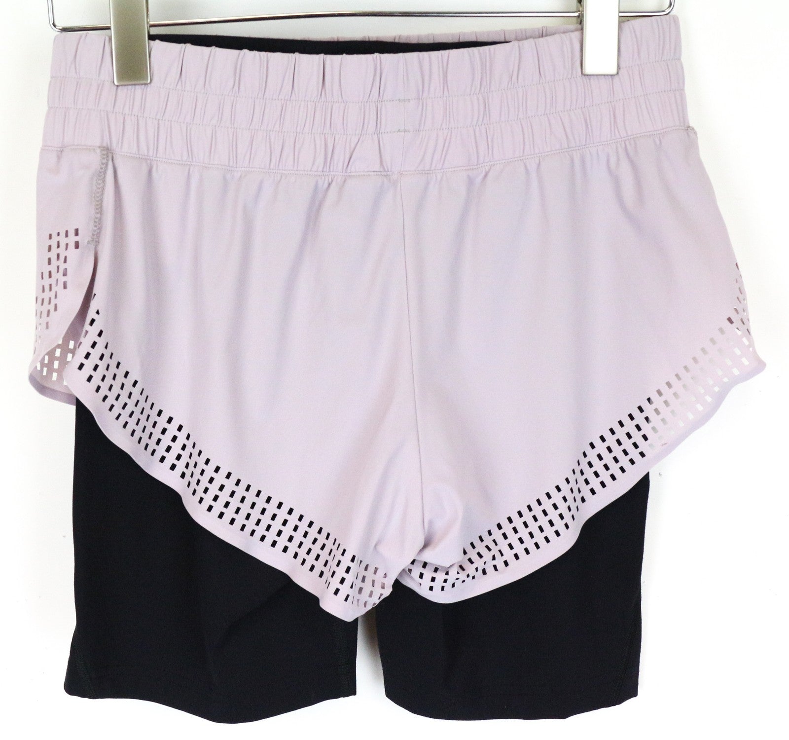 SWEATY BETTY 2in1 šortai S violetiniai juodi moteriški sluoksniuoti sportiniai tamprūs sportiniai drabužiai 