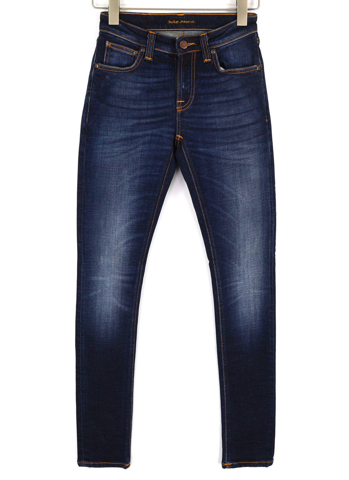 NUDIE Skinny Lin Women Jeans W26/L32 Dark Deep Worn Zip Fly Logo Washed Denim