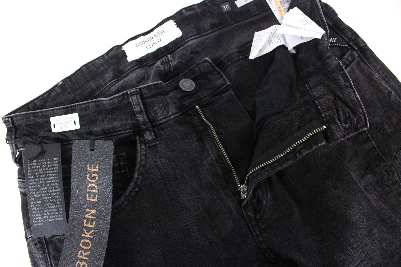 REPLAY Zaldok vyriški pilki aptempti džinsai W30/L30 medvilniniai tamprūs plėšyti džinsai 