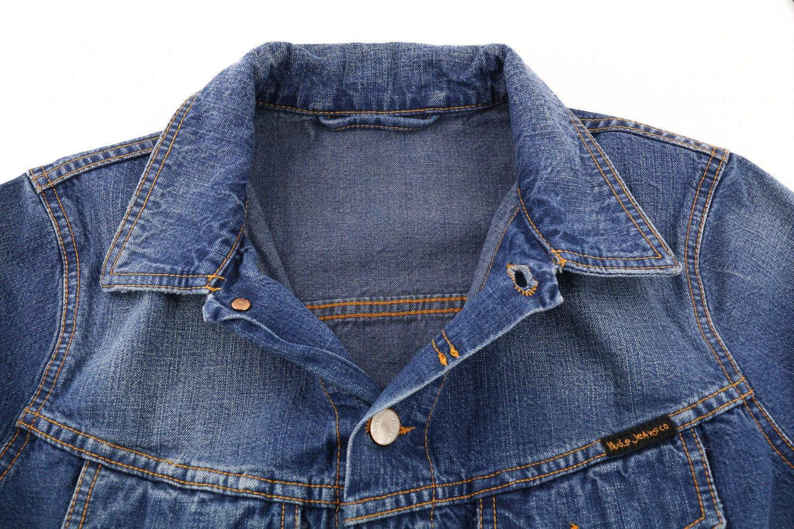 NUDIE JEANS Terry Recycle Worn In Mens Jacket S Blue Faded Cotton Denim Unlined