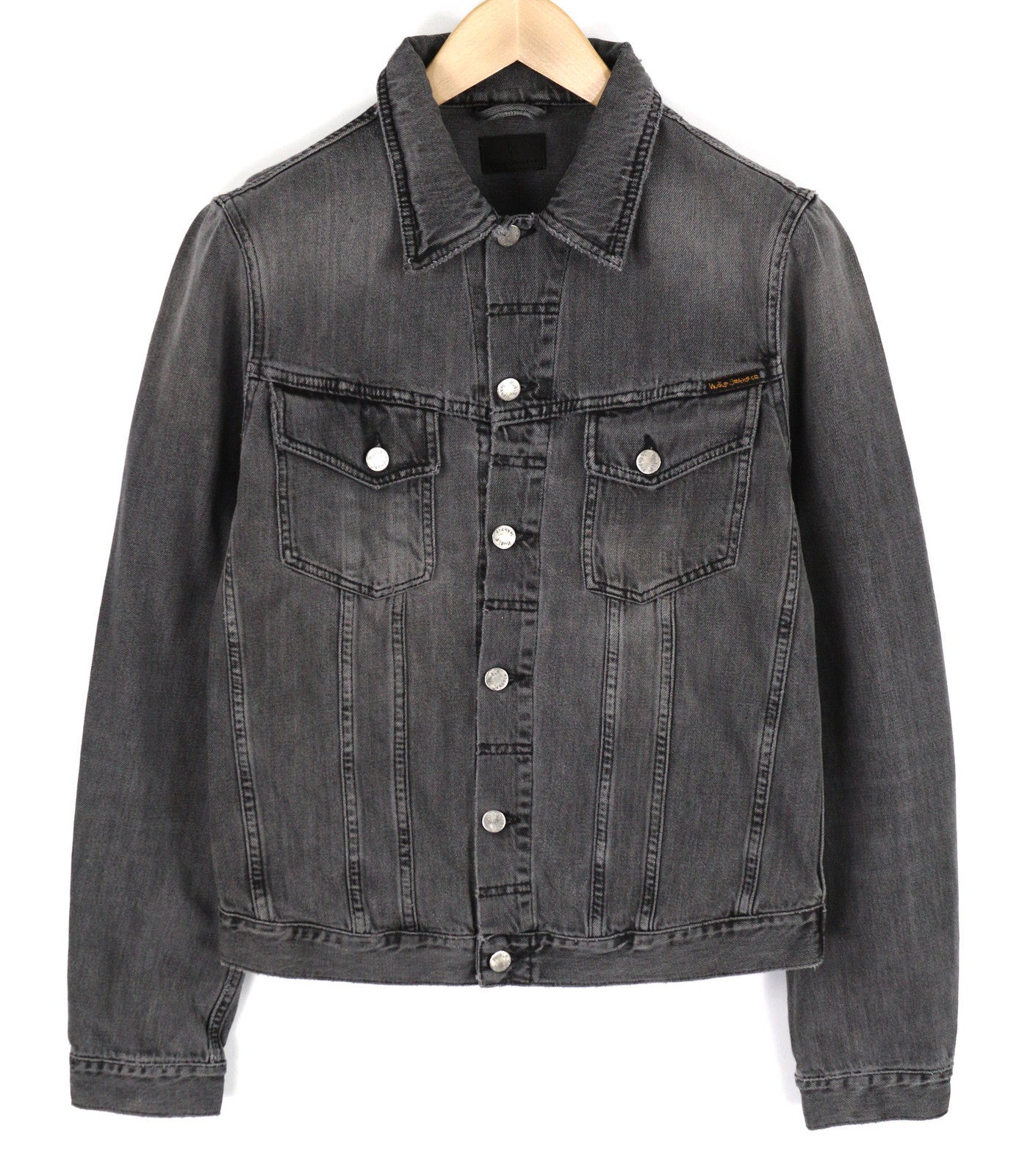 NUDIE Billy vyriška striukė M Desolation pilka kaklo užsegimo kišenės džinsinio audinio vidurio dydžiai