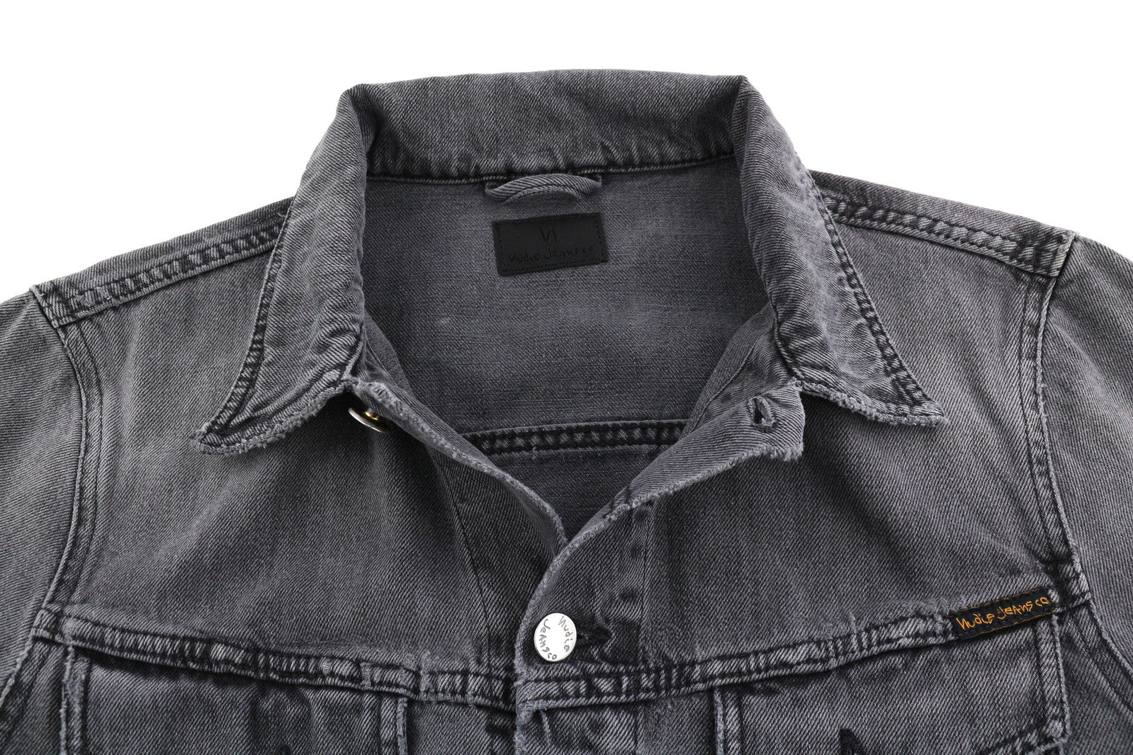 NUDIE Billy vyriška striukė M Desolation pilka kaklo užsegimo kišenės džinsinio audinio vidurio dydžiai