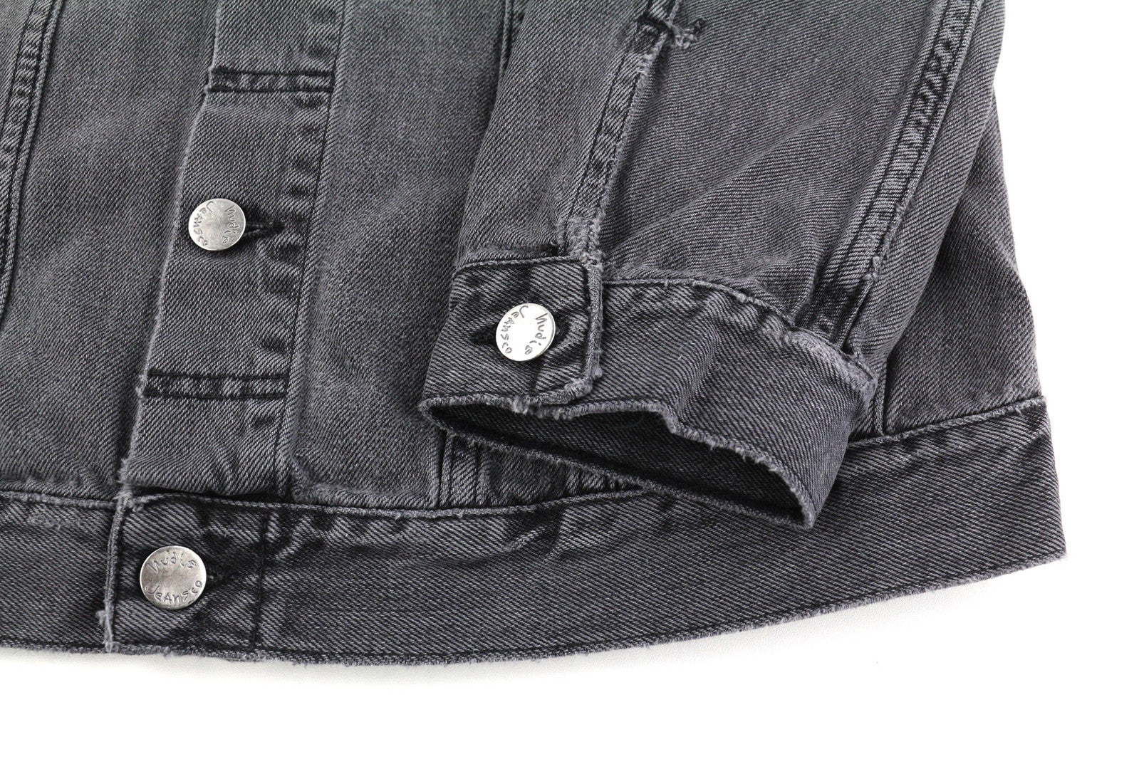 NUDIE Billy vyriška striukė M Desolation pilka kaklo užsegimo kišenės džinsinio audinio vidurio dydžiai