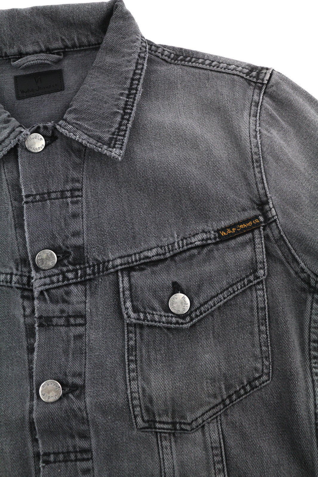 NUDIE Billy vyriška striukė M Desolation pilka kaklo užsegimo kišenės džinsinio audinio vidurio dydžiai