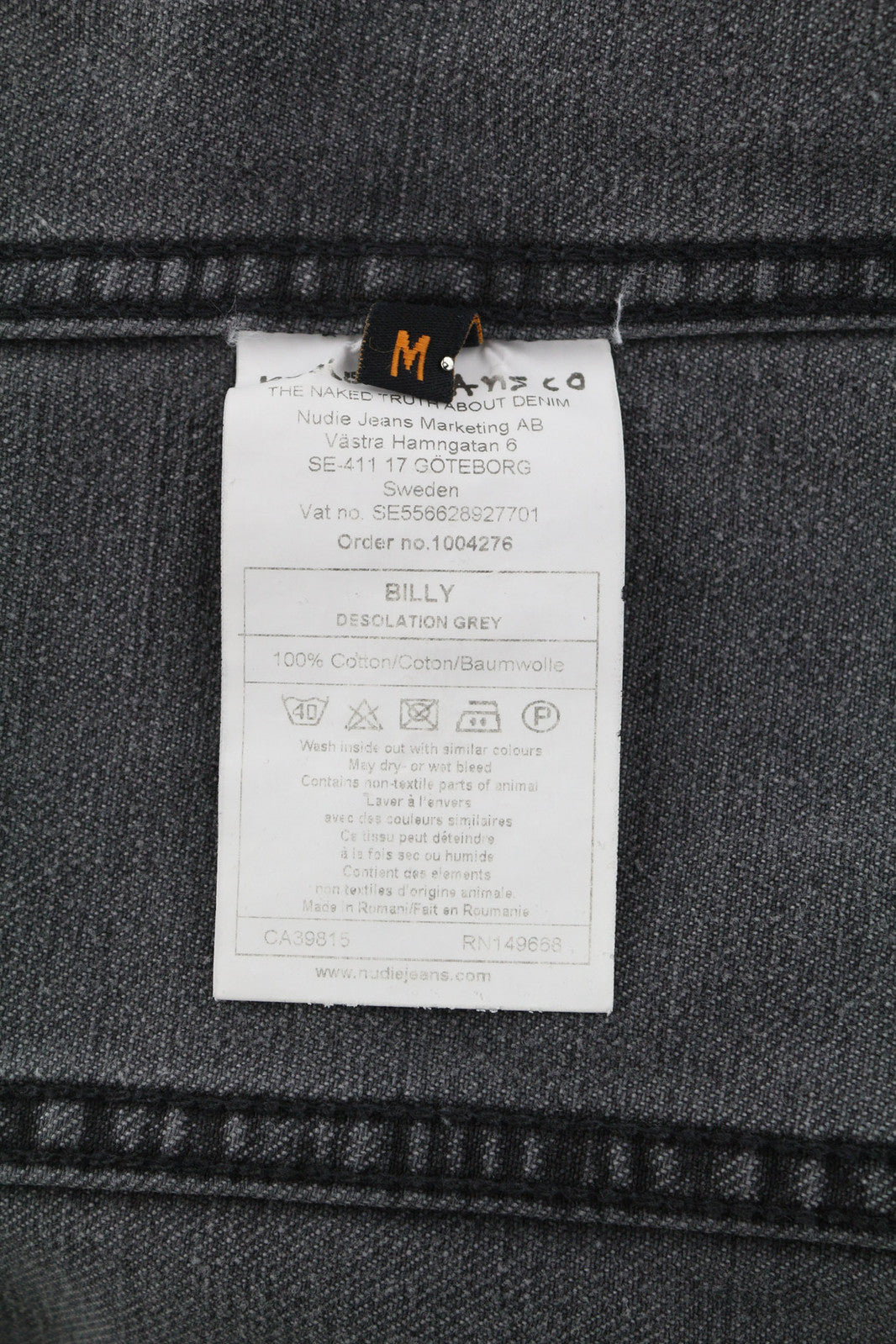 NUDIE Billy vyriška striukė M Desolation pilka kaklo užsegimo kišenės džinsinio audinio vidurio dydžiai