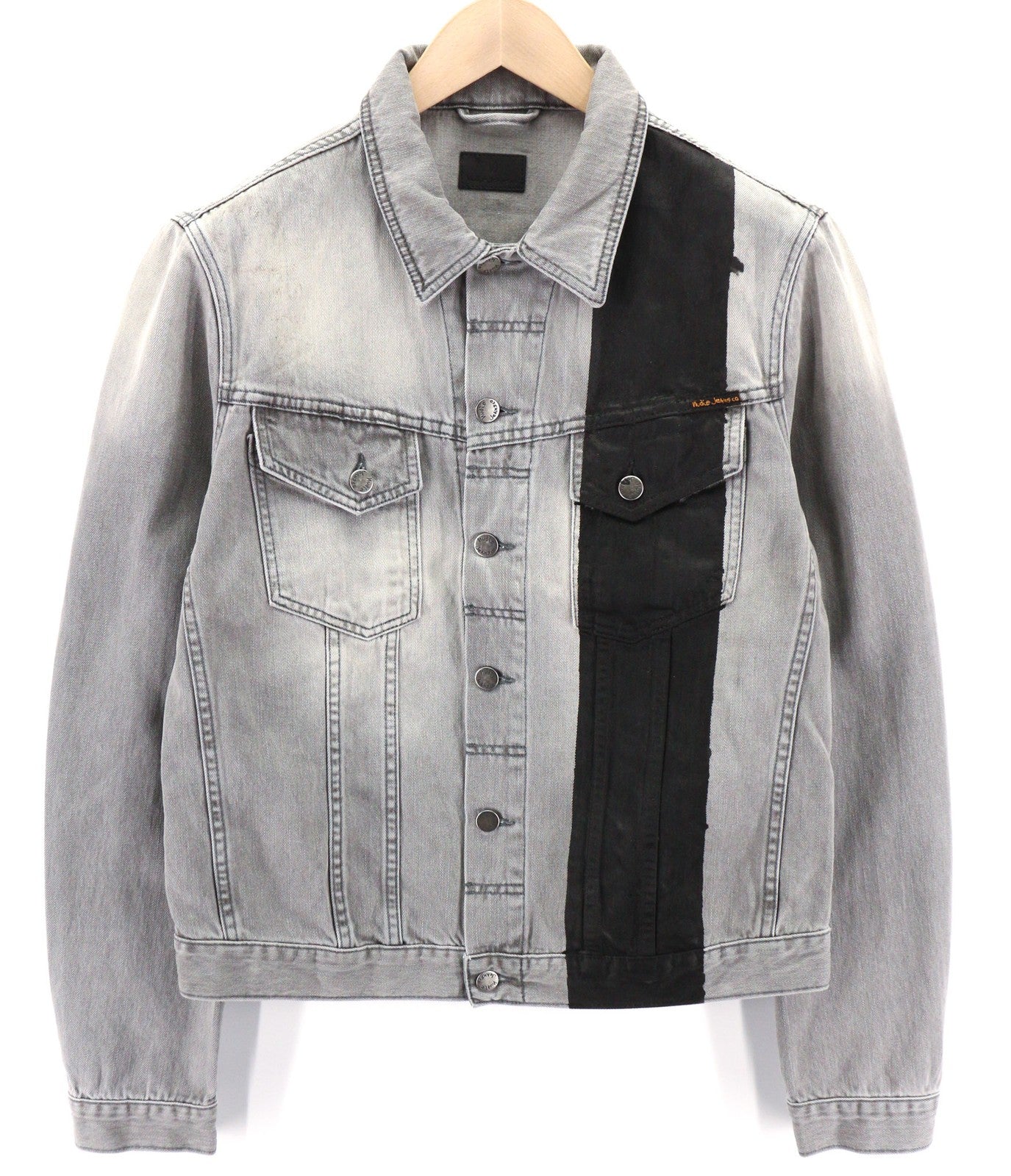 NUDIE JEANS Perry vyriška striukė L, organinės juodos dryžuoto džinso su skalbto sagomis logotipu 