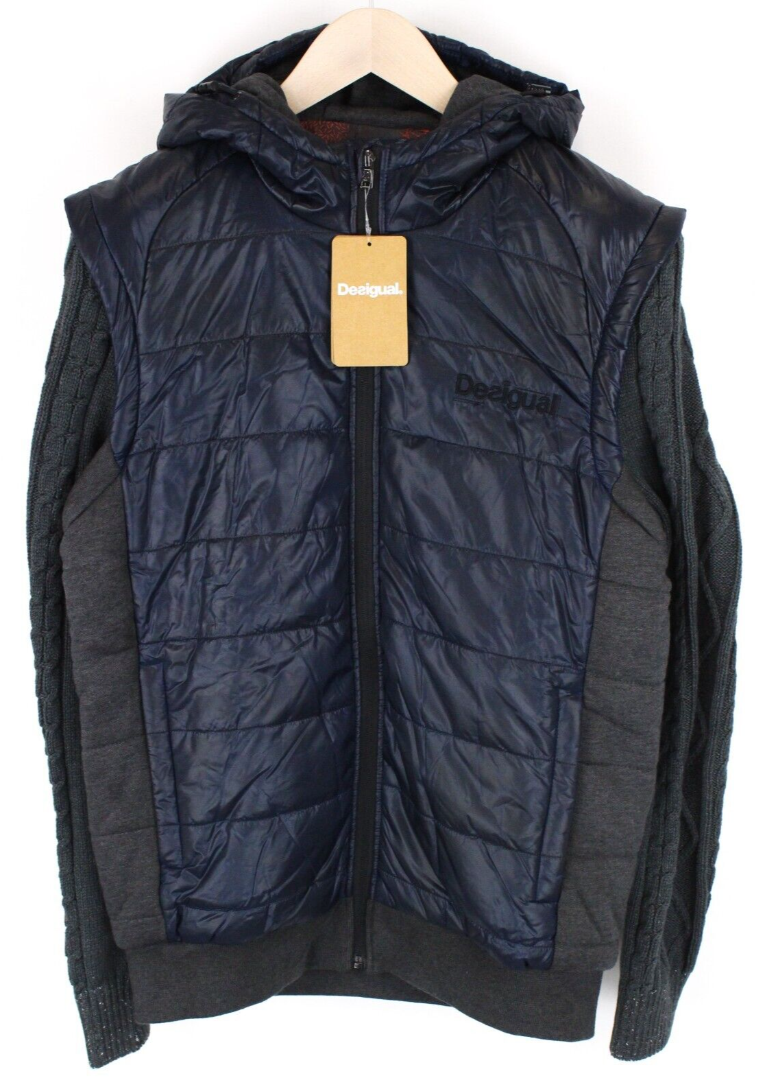 DESIGUAL Arthur vyriška pilka tamsiai mėlyna striukė su gobtuvu S su medvilnės mišinio šiltais viršutiniais drabužiais 