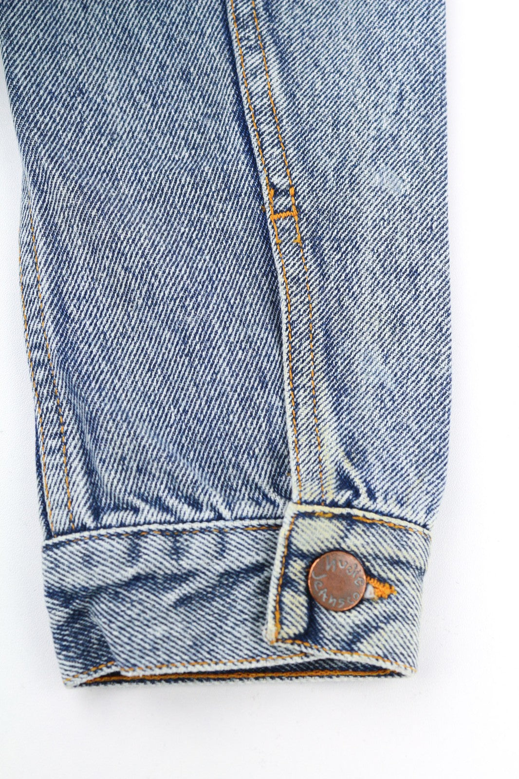 NUDIE JEANS Terry vyriška striukė M džinsinis Sakt &amp; Pepper Indigo su sagomis išskleistas logotipas 