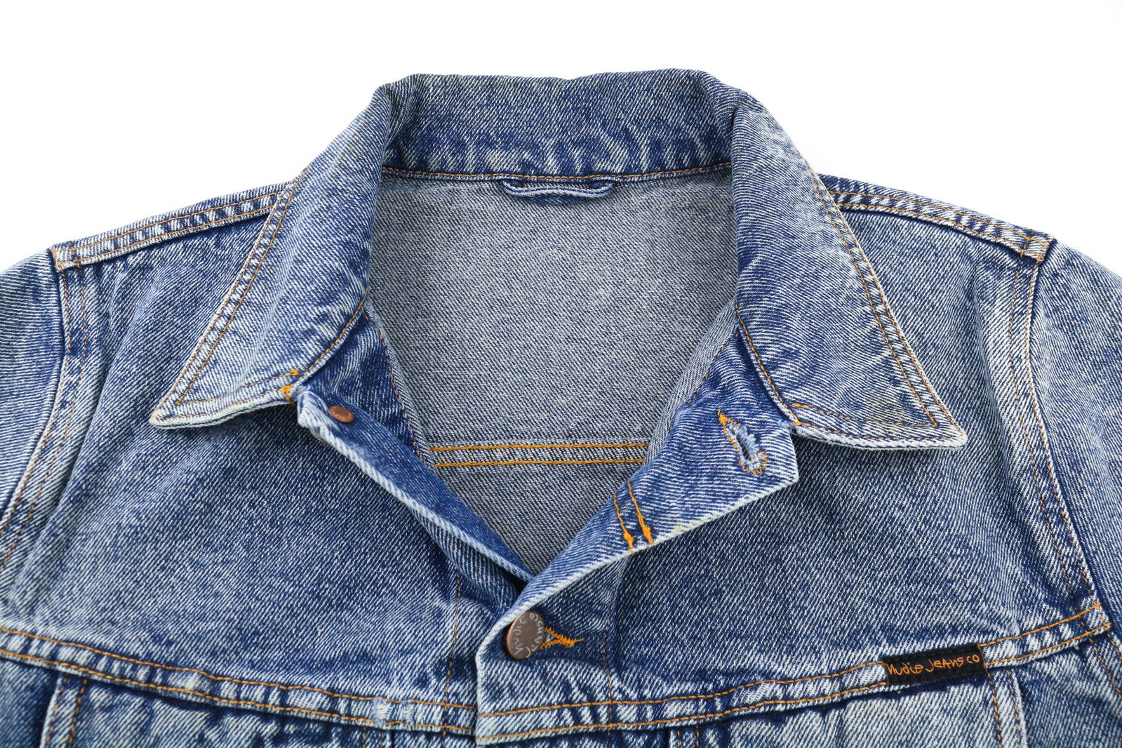 NUDIE JEANS Terry vyriška striukė M džinsinis Sakt &amp; Pepper Indigo su sagomis išskleistas logotipas 