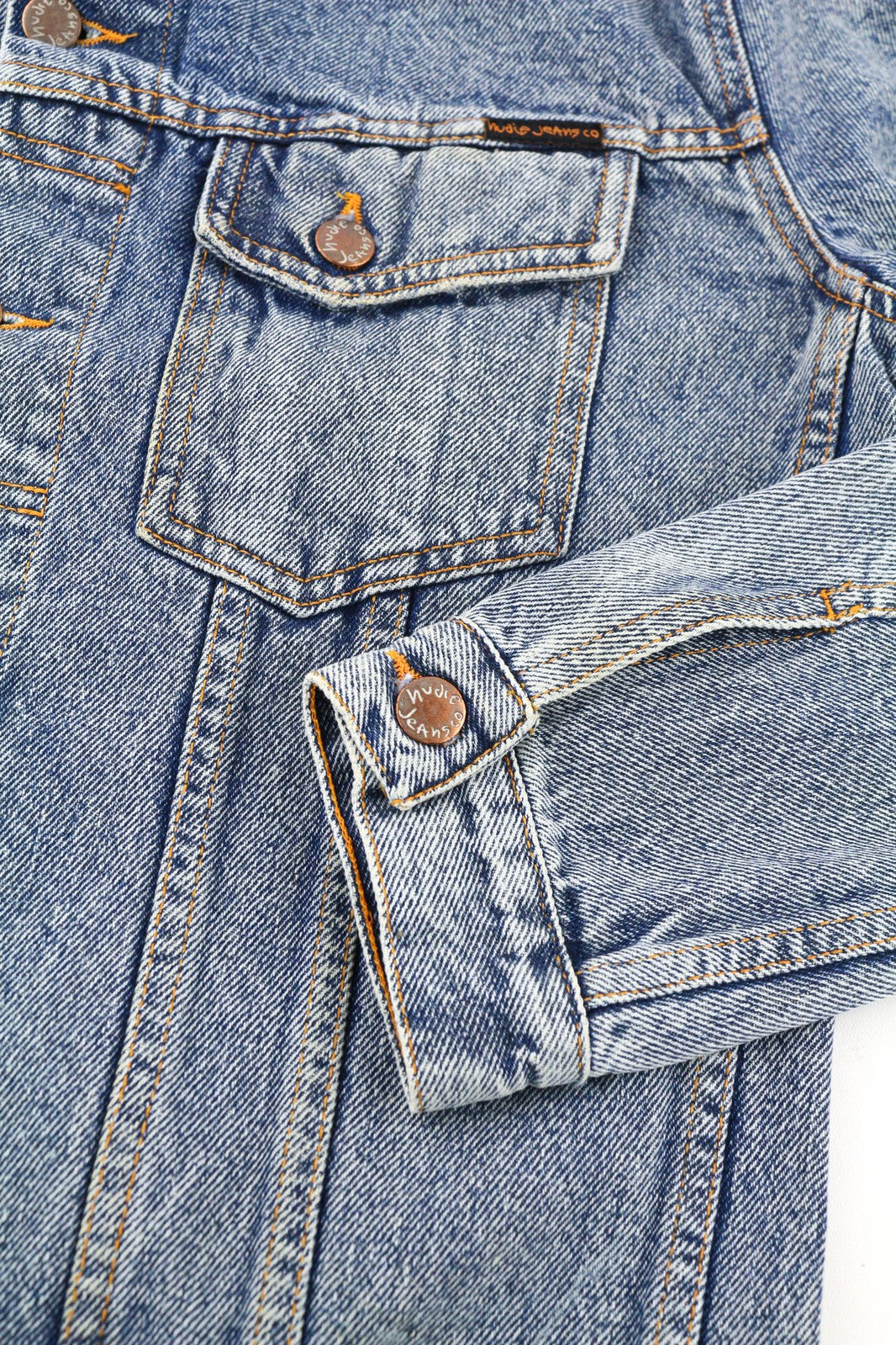 NUDIE JEANS Terry vyriška striukė M džinsinis Sakt &amp; Pepper Indigo su sagomis išskleistas logotipas 