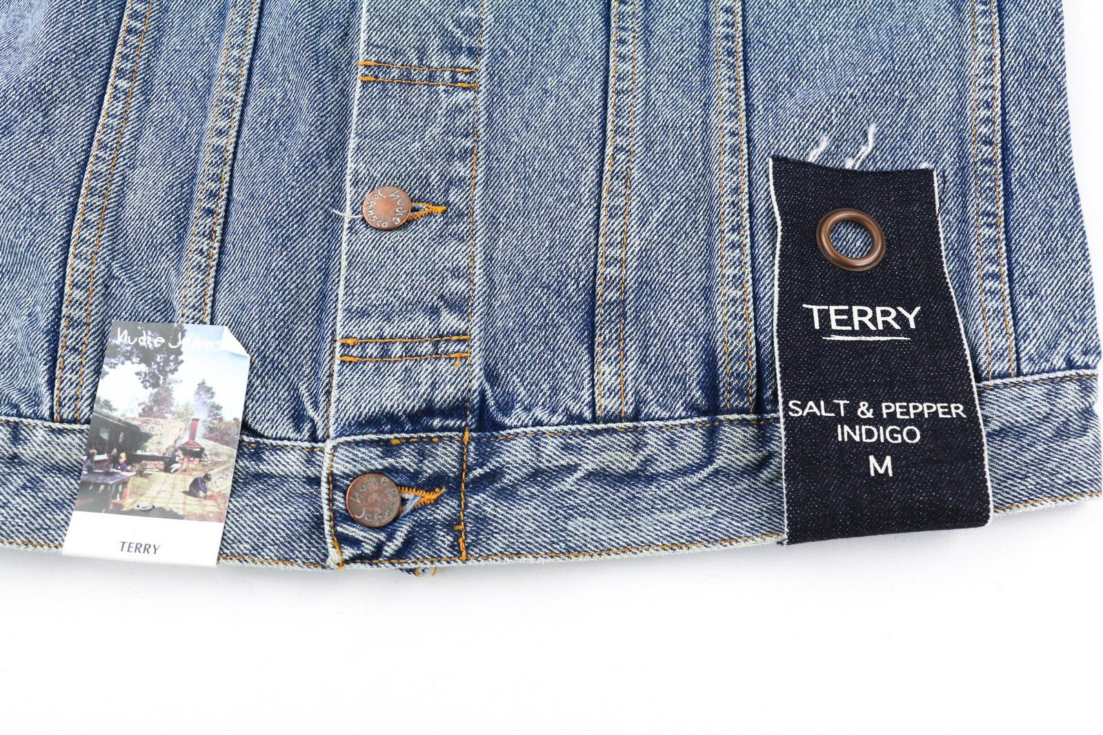 NUDIE JEANS Terry vyriška striukė M džinsinis Sakt &amp; Pepper Indigo su sagomis išskleistas logotipas 