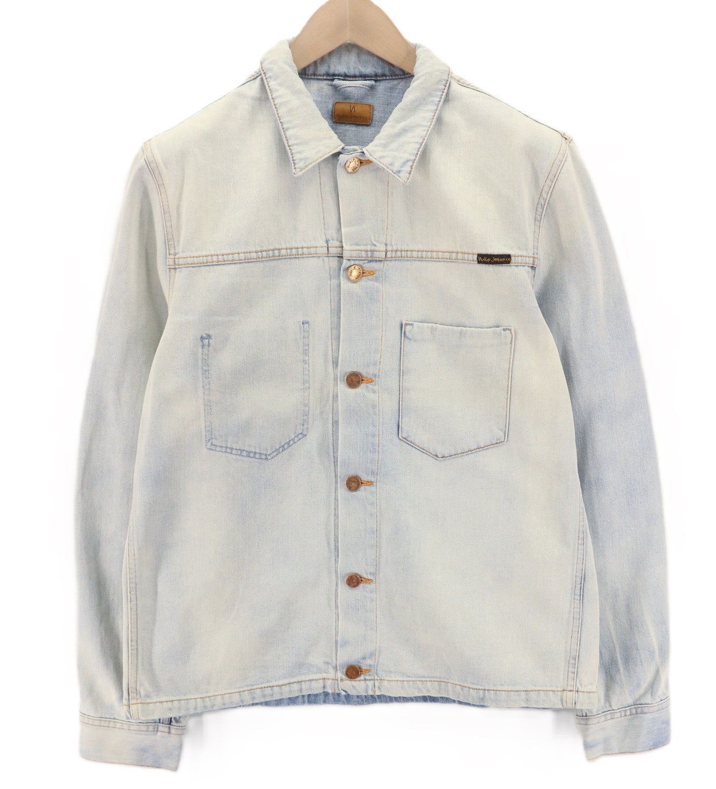 NUDIE JEANS Ronny vyriška striukė L dydžio, džinsinė, traški vandenyno spalvos, su sagomis ir platėjančia kaklo dalimi 