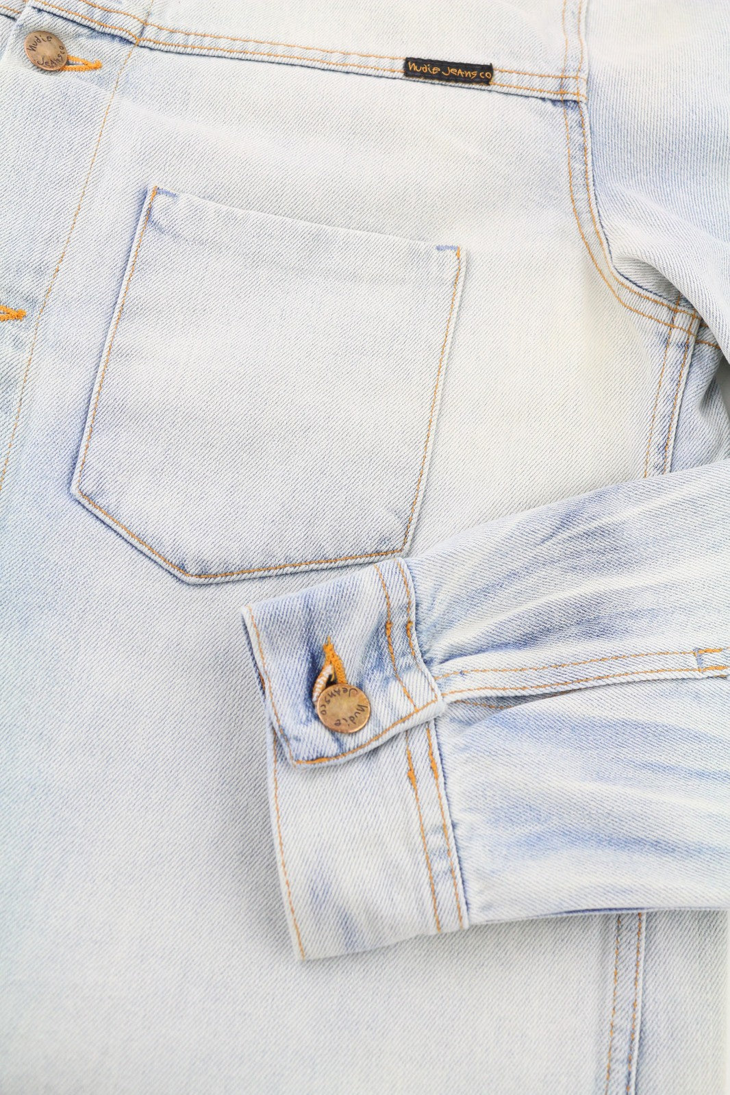 NUDIE JEANS Ronny vyriška striukė L dydžio, džinsinė, traški vandenyno spalvos, su sagomis ir platėjančia kaklo dalimi 