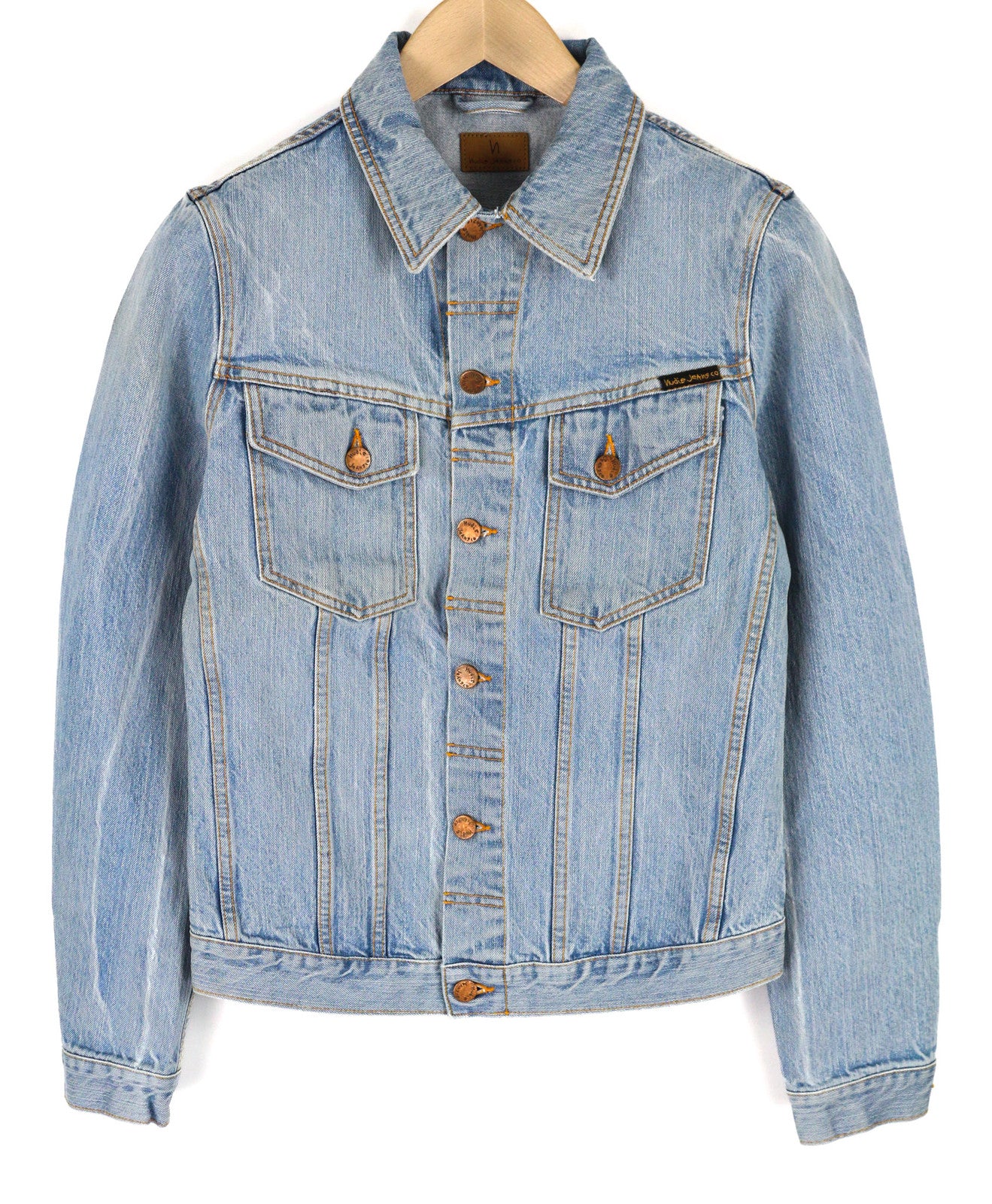 NUDIE Billy vyriška striukė S Strumming Indigo ekologiškos medvilnės sagomis užsegama džinso mėlyna