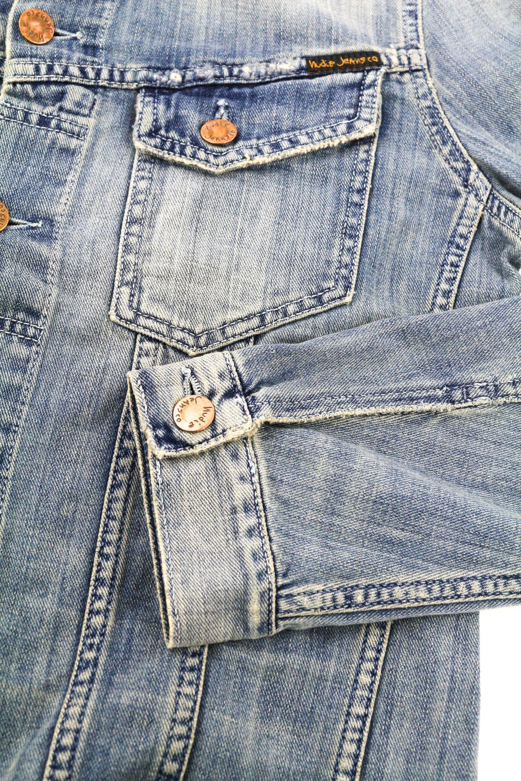 NUDIE JEANS Billy vyriška striukė S džinsinio audinio šviesių atspalvių sagomis išskleista mėlyna logotipu 