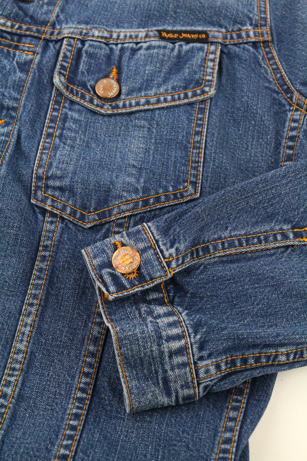 NUDIE JEANS Terry Recycle Worn In Mens Jacket S Blue Wash Cotton Denim Unlined