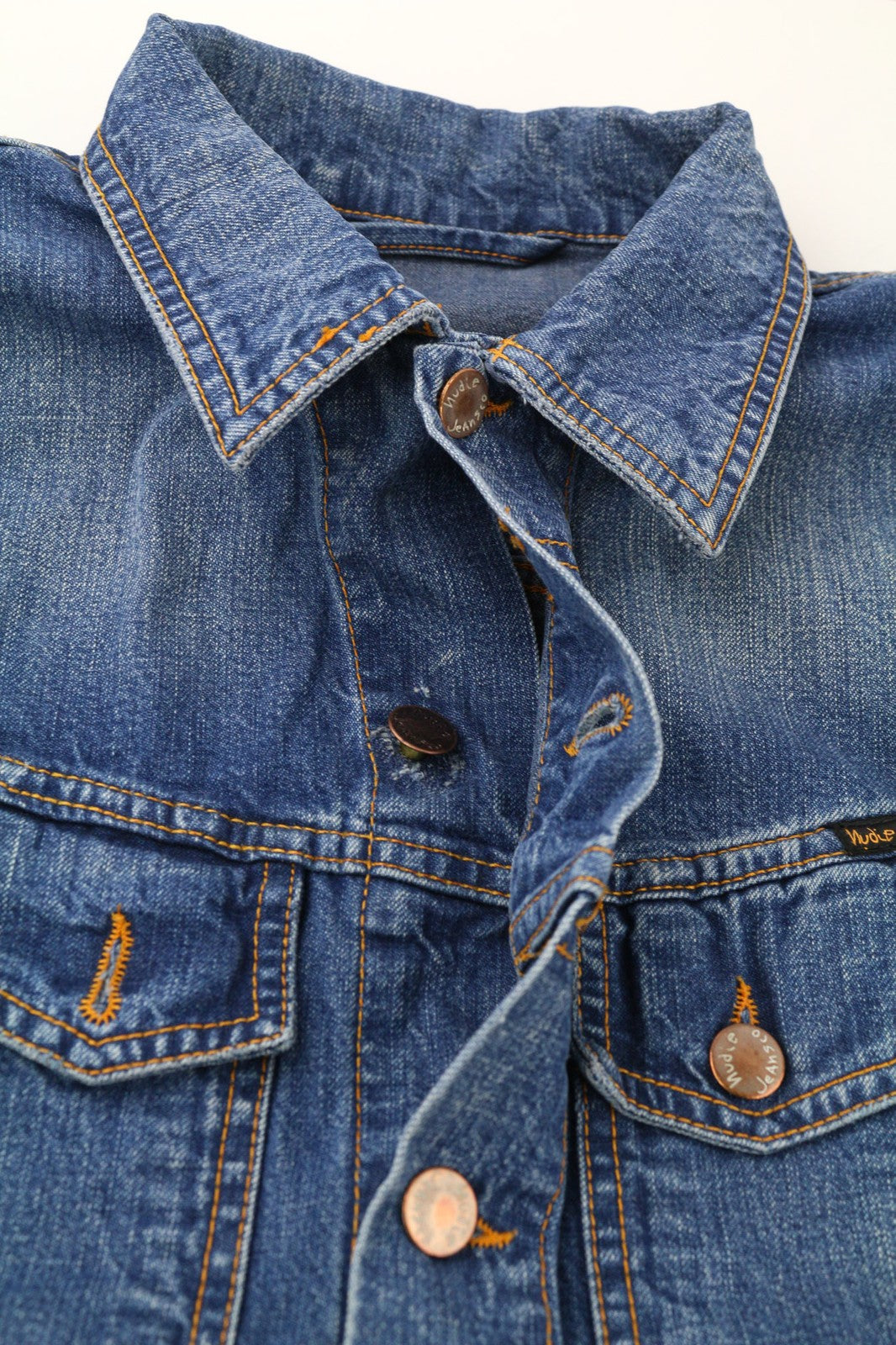 NUDIE JEANS Terry Recycle Worn In Mens Jacket S Blue Wash Cotton Denim Unlined